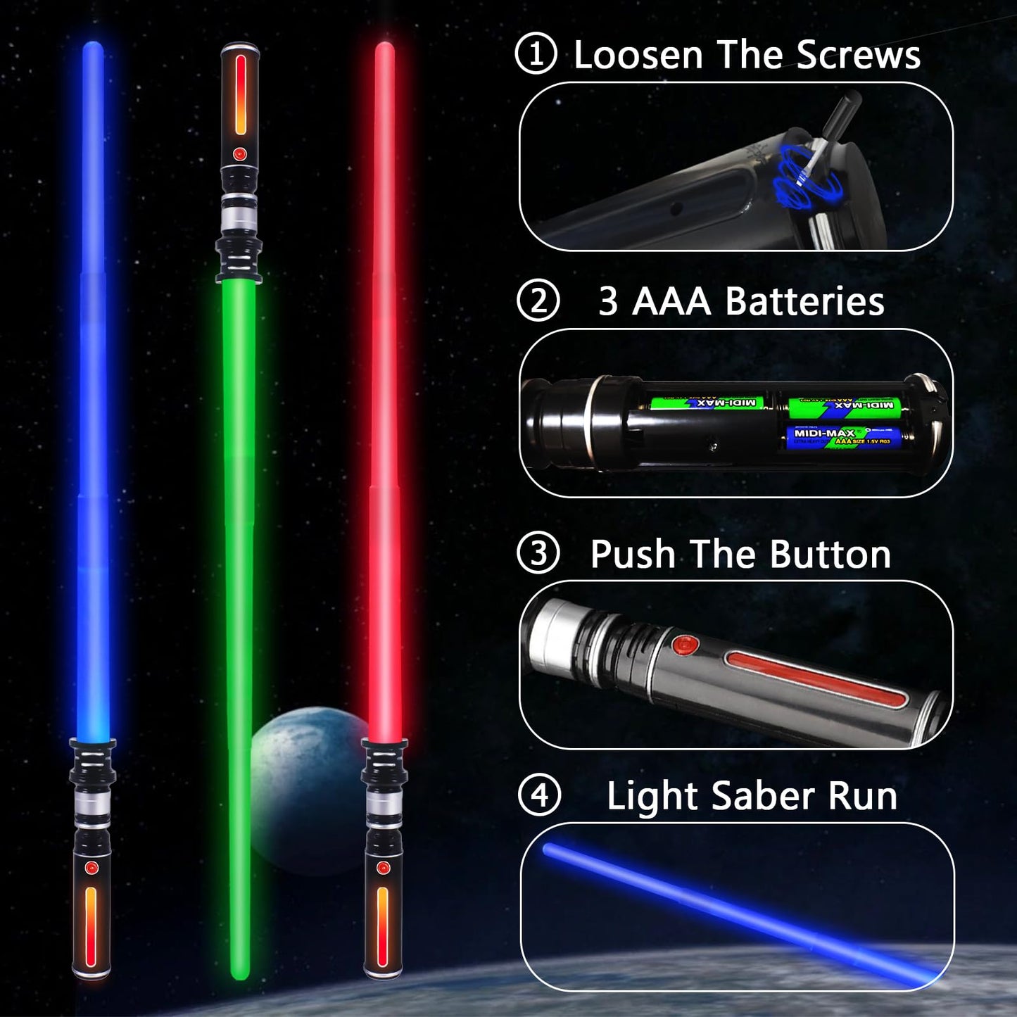 Light up Saber, Light Sabers for Kids 3 Packs 3 Colors LED Expandable Dual Light Swords Set with Sound (Motion Sensitive), Gifts