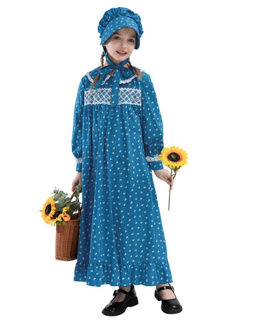 Cr Rolecos Colonial Costume Girls Prairie Pioneer Dress For Girls With Lace Pilgrim Costume Blue M Age Over 4 Years Old