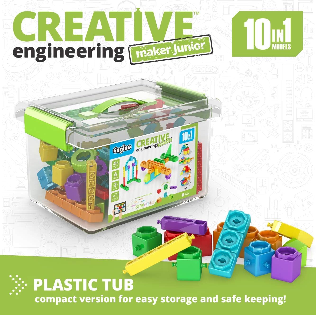 Engino STEAM Maker Junior 10 Model Set, Stackable Building Blocks, STEM Building Toys, Educational Toys for Kids 4+, Gift for Bo