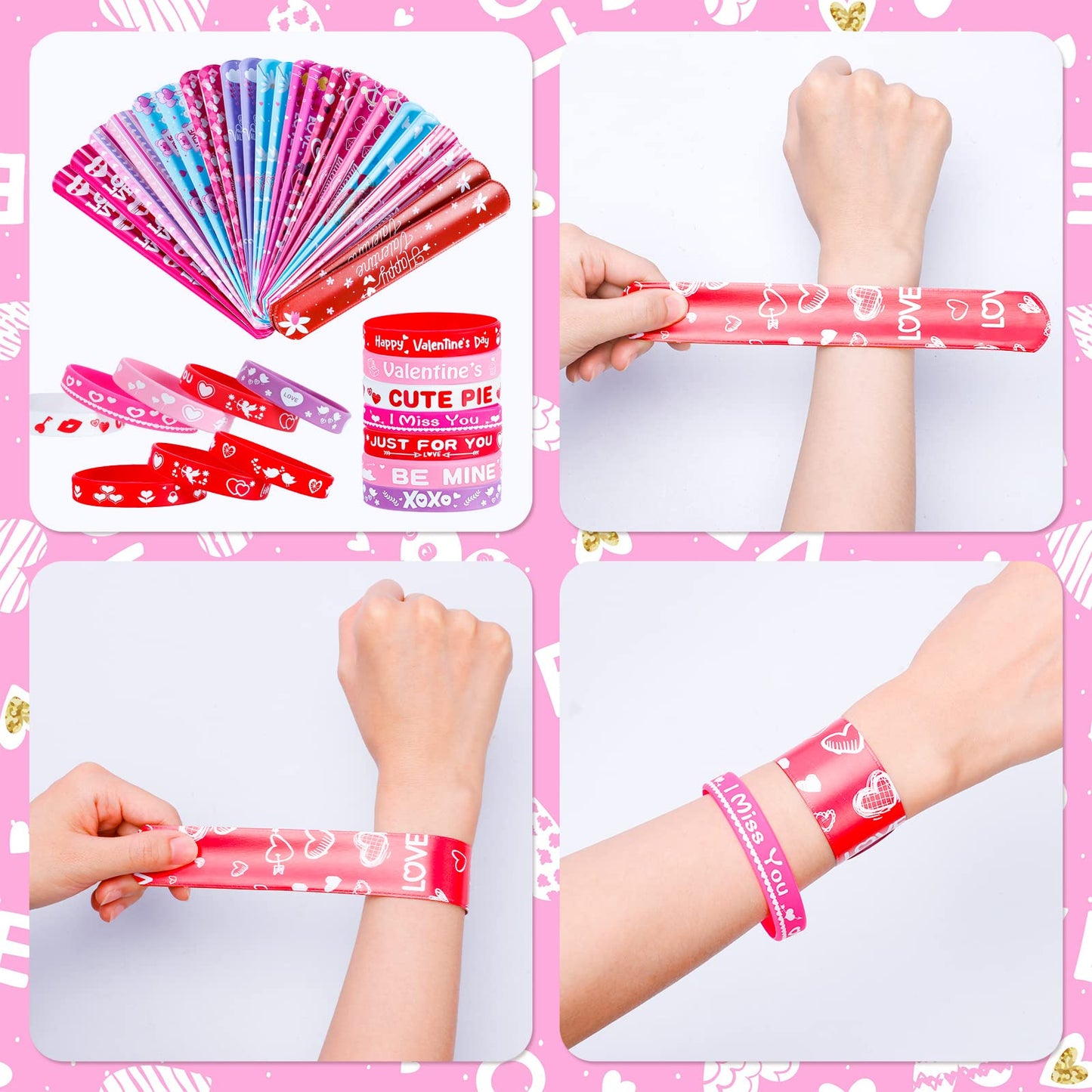 Thuodo 48 Pcs Valentines Slap Bracelets Rubber Bracelets Valentines Party Favors Gifts for Kids School Classroom Goodie Bag Stuf