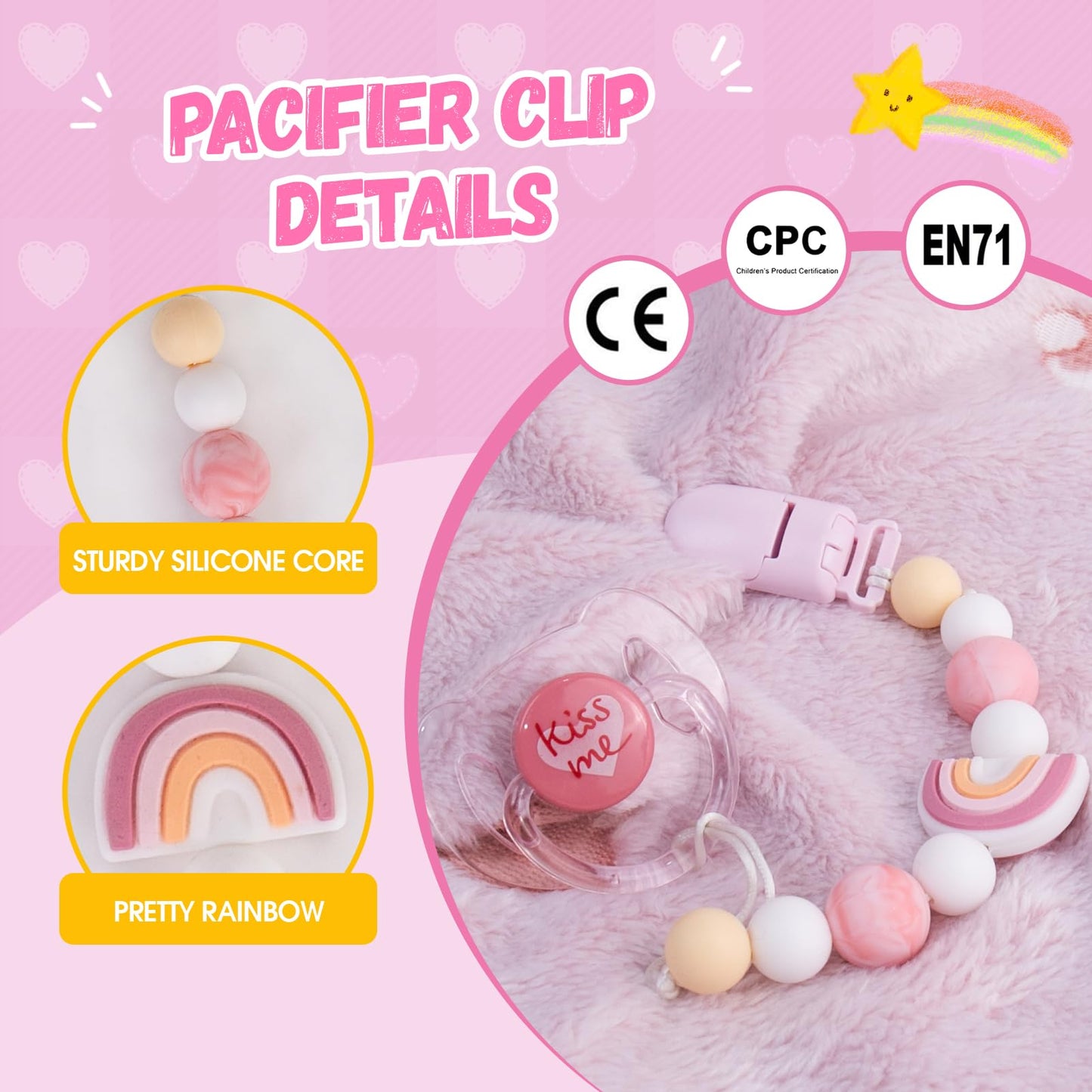 Aori Pacifier Clips For Rebron Baby Dolls Pacifier Holders Silicone Paci Clips With Magnetic Paci -Pink