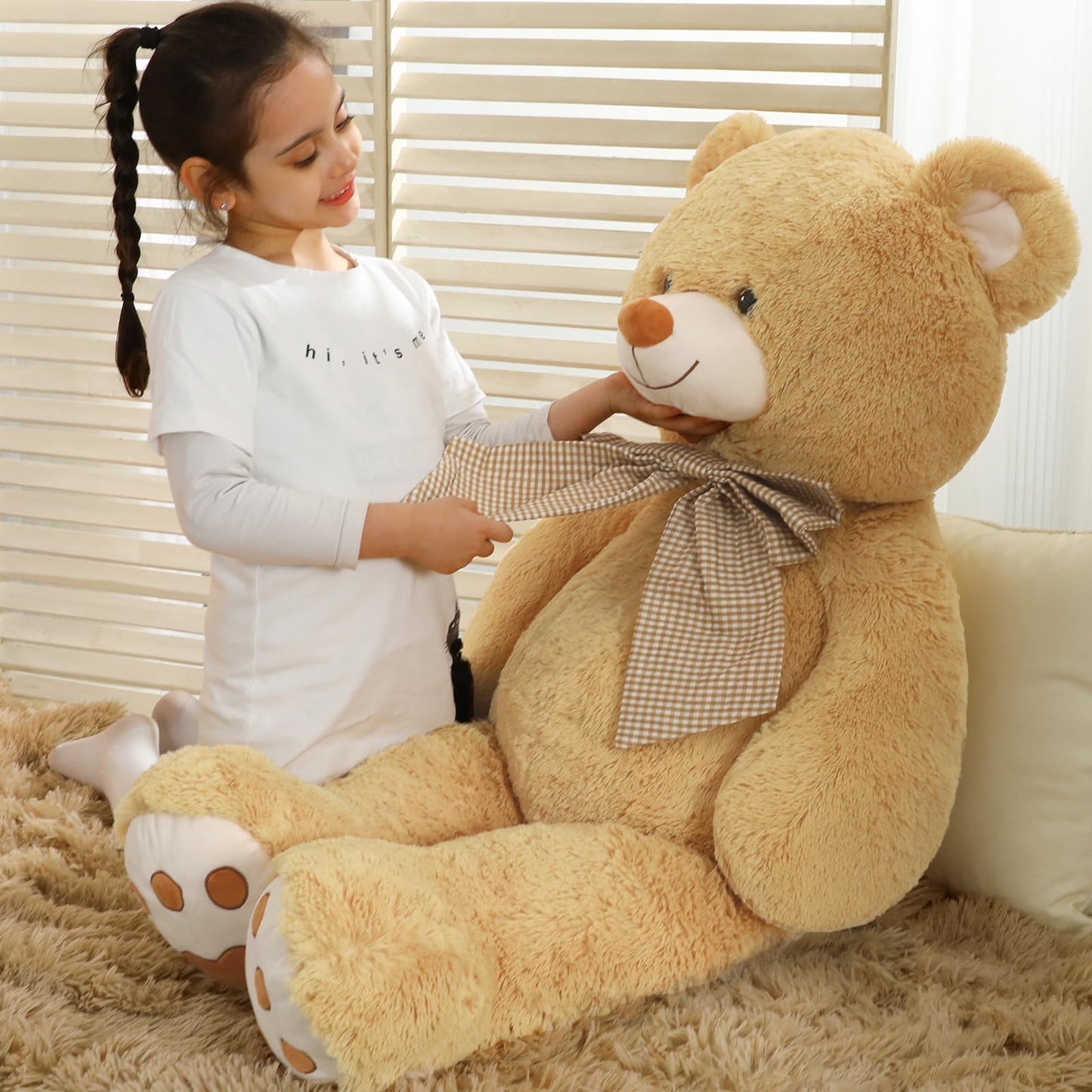 Morismos 4 Feet Giant Teddy Bear Stuffed Animal, 47' Large Tan Teddy Bear Plush With Footprints And Big Bow, Valentines Christmas For Girlfriend, Wife, Girls, Baby Shower Decor