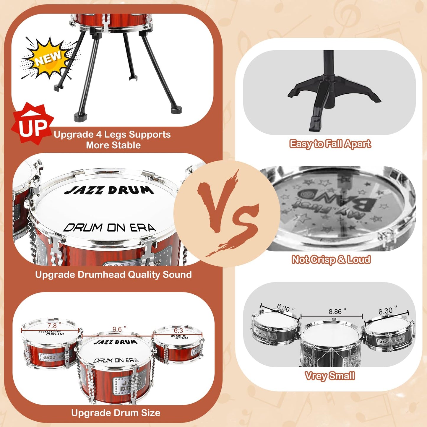 Kids Drum Set Music Toy Drum Set For Toddlers Ages 3-5 Jazz Drum Kit With Stool, 3 Drums Percussion Musical Instruments Toys For 3 4 5 Year Old Boys Girls Gifts