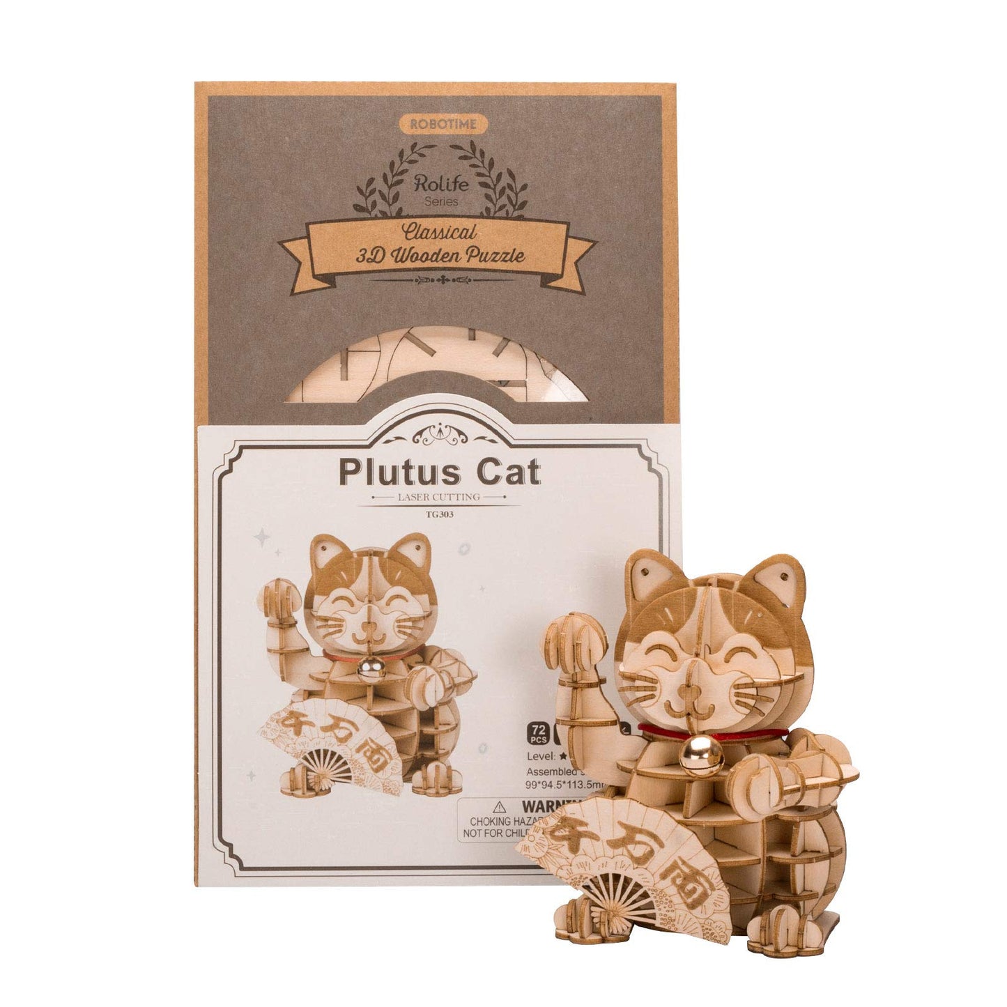 Rolife 3D Wooden Puzzle Lucky Cat -72Pcs Japanese Maneki Neko Welcome Display Greeting For Blessing Good Fortune - Building Toys Gift For Kids/Grown-Ups(Plutus Cat)