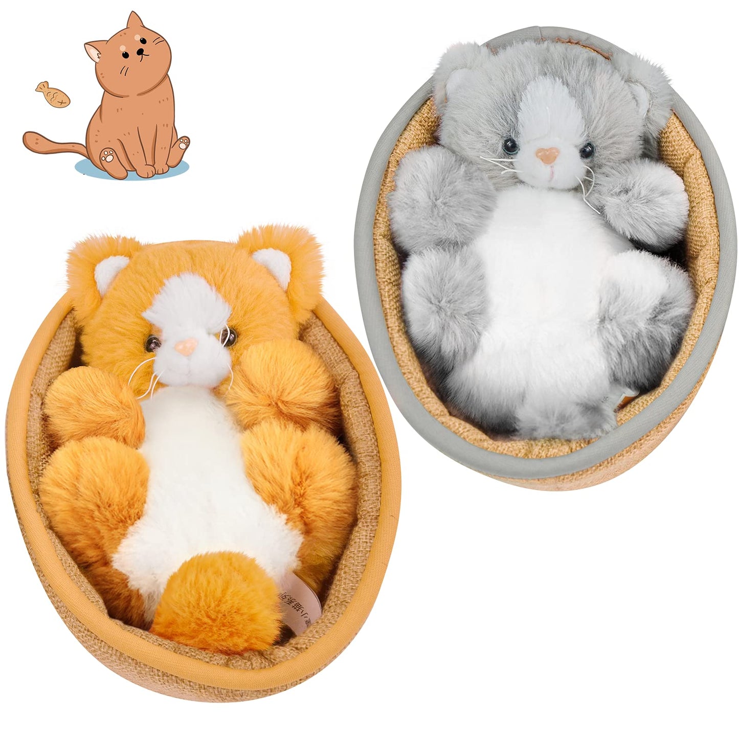Gisqis 2Pcs Cat Stuffed Animal Sleeping Cat Plush Toys with Basket 8.65'' Mini Cute Kawaii Stuffed Cat Plushies Stuffed Animals