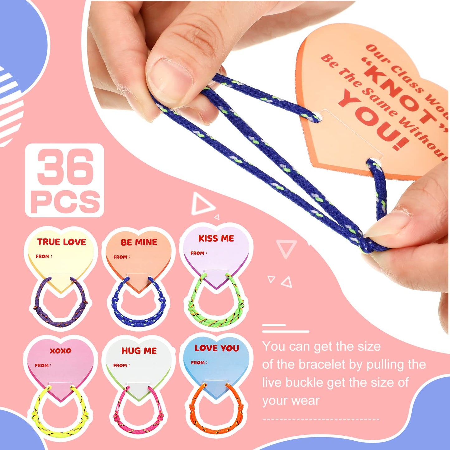 Yinkin 36 Sets Valentine's Day Bracelets with Cards Kids Friendship Bracelets Knot Design Bulk for Girls Boys Classroom Gifts Ac