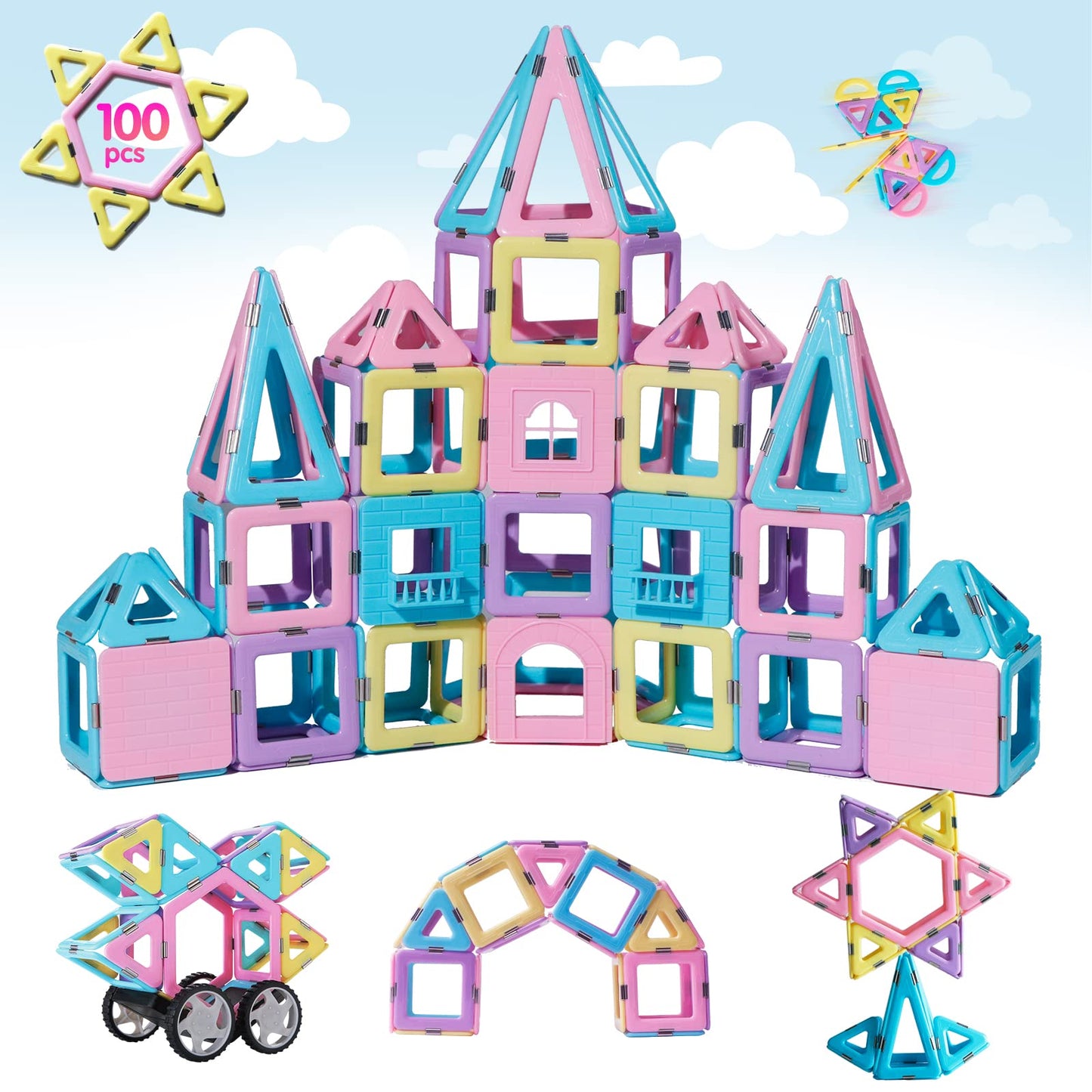 Tokblok Magnetic Tiles 100Pcs Magnetic Blocks Building Set, Magnets For Kids Preschool Child Montessori Toys Stem Learning Toys Gifts For Girls Boys 3 4 5 6 7 Years