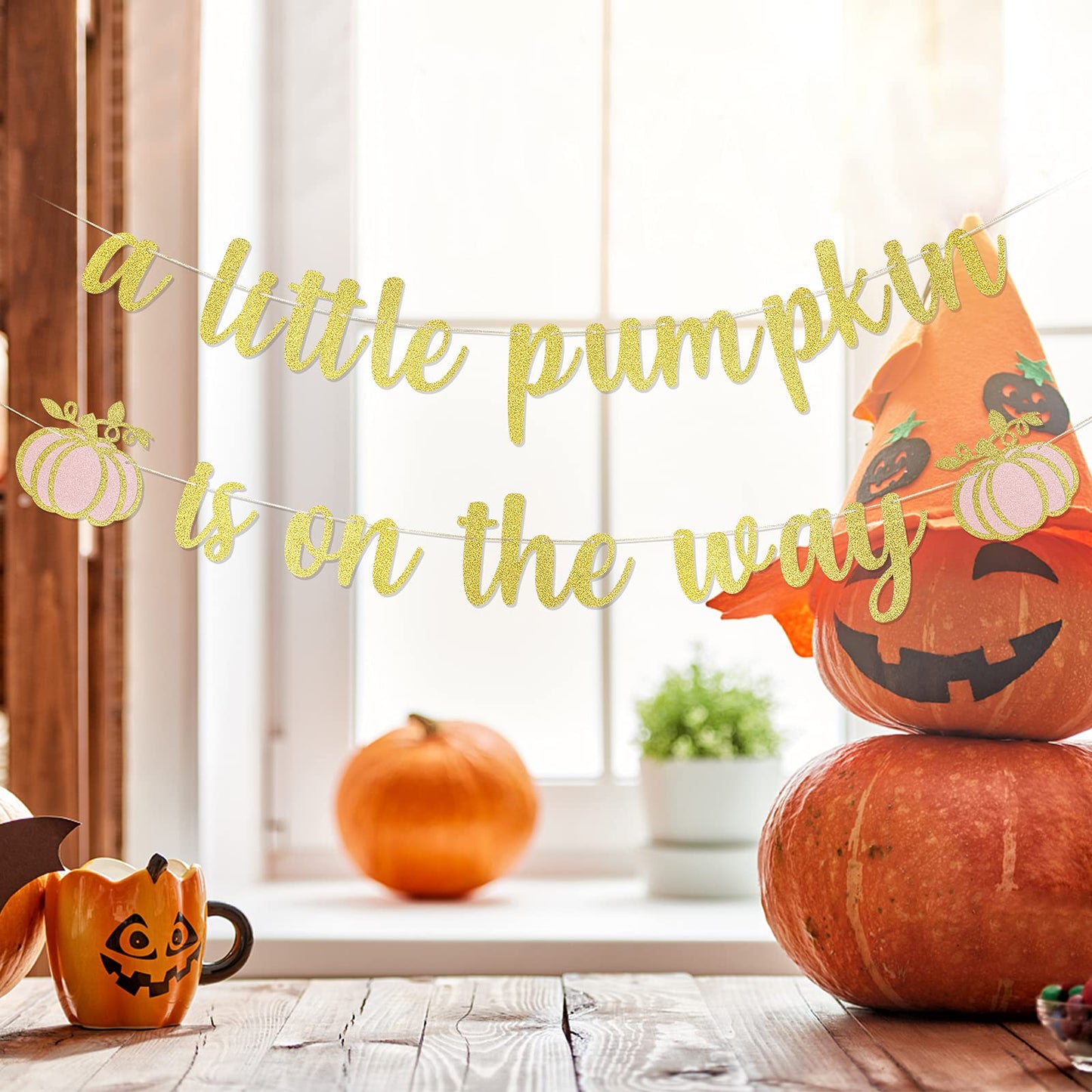 Gold Glitter A Little Pumpkin Is On The Way Banner- Pumpkin Baby Shower Party Decorations,Girl Fall Baby Shower Gender Reveal Birthday Party Decoration Supplies,Fall Pumpkin Mantel Home Decor