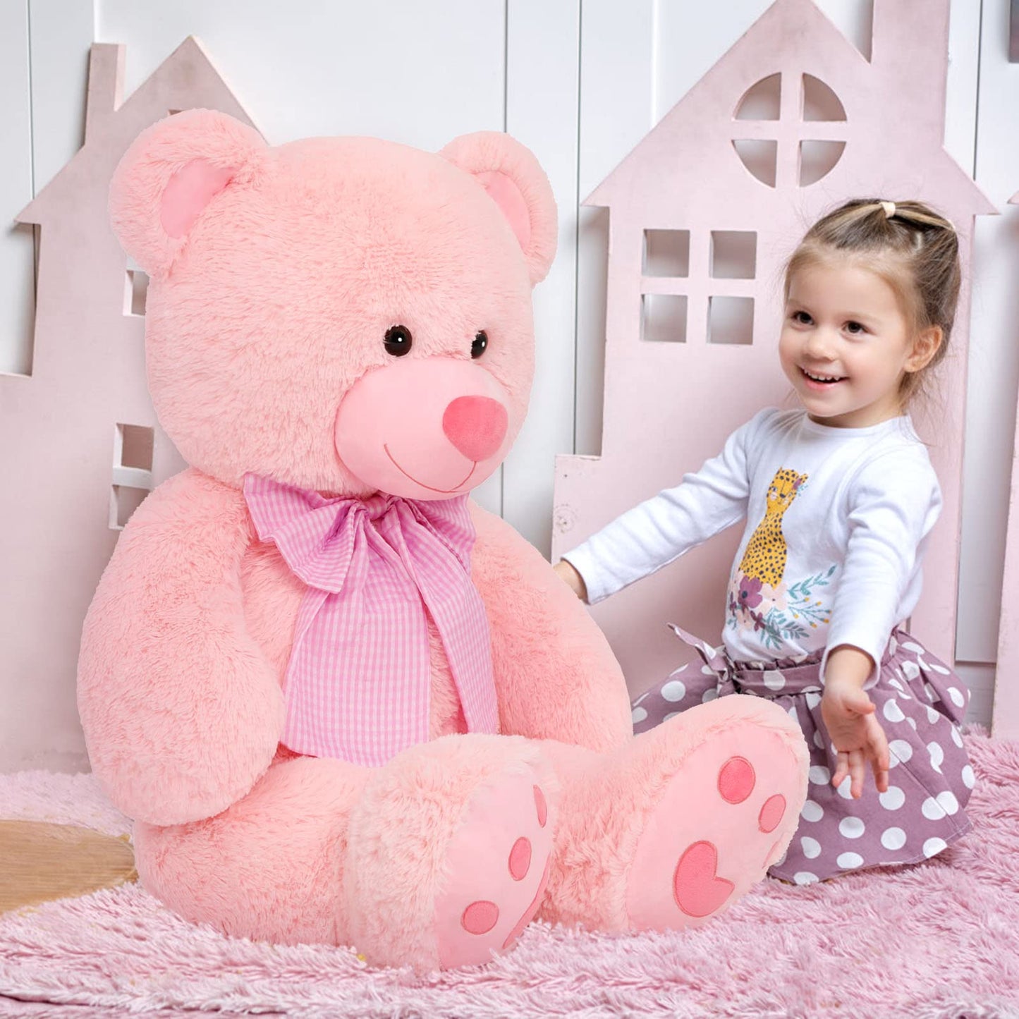 Morismos 39 Inches Pink Giant Teddy Bear Plush Toy,Big Bow Bear Stuffed Animal Plush, Soft Bear Plush Gifts For Kids,Girlfriend