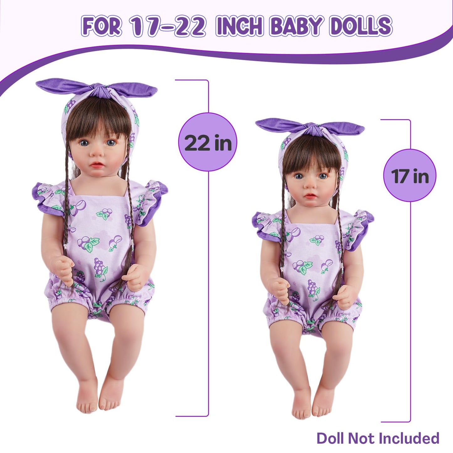 Babeside 2 Pcs Reborn Baby Doll Clothes Set For 17-22 Inch Dolls, Fruit Pattern Baby Doll Clothes Accessories With Doll Headband For Realistic Newborn Baby Doll Girl, Purple Grapes