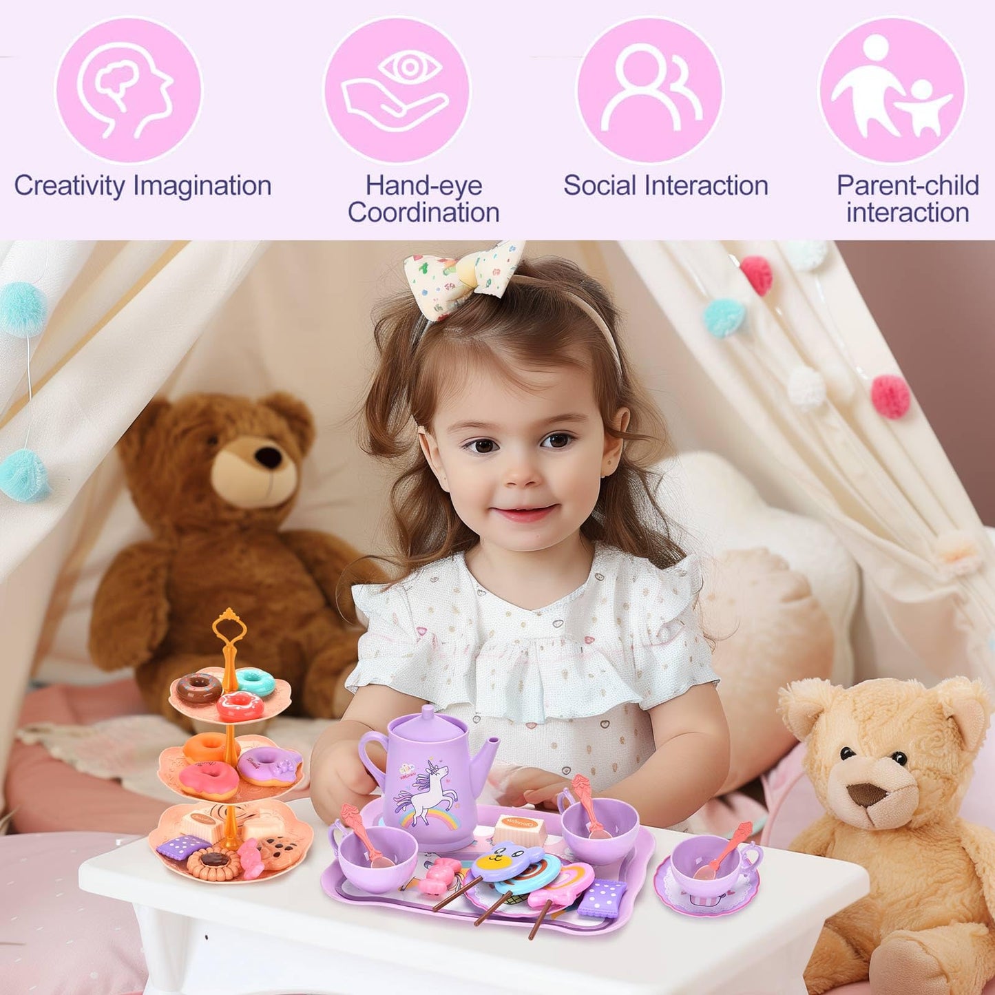 Lajeje Unicorn Tea Party Set for Little Girls, Pretend Plastic Teapot Set, Princess Tea Time Play Kitchen Toy with Dessert, Carr