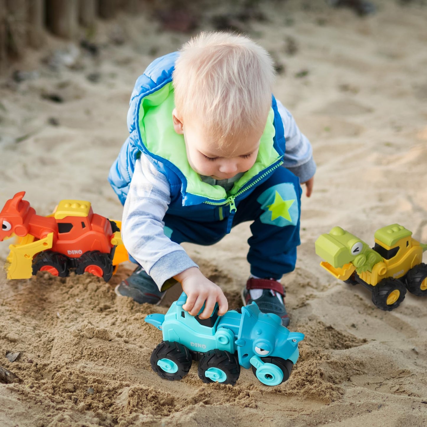 Likee Dinosaur Toy Cars For Toddlers 1-3 Boys, Large Construction Toys Truck For Kids 2-4 Birthday Gift, 4 Pcs Press Go Vehicles Playset, Push And Go Friction Racing Cars For 18+ Months Baby Infant