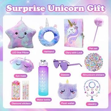 64pcs Unicorn Gifts Toys for Girls Kids Toys 5 6 7 8 9 10+ Years Old Halloween Thanksgiving Christmas Birthday Gifts Box with Star Light Up Pillow Stuffed Diary with Lock Headband Water Bottle sticker