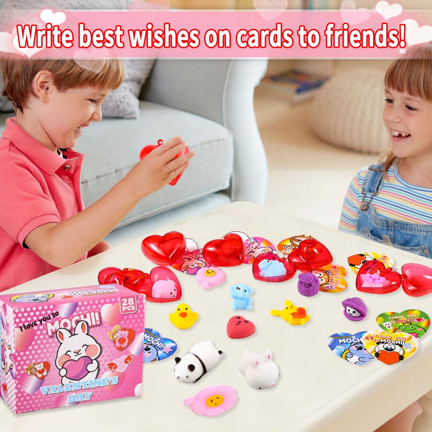 28 Pack Valentines Day Gifts for Kids Valentine Mochi Squishy Toys Filled Hearts with Valentine Cards for Kids School Classroom Exchange Prizes Valentine Party Favor Toy Exchange Greeting Card