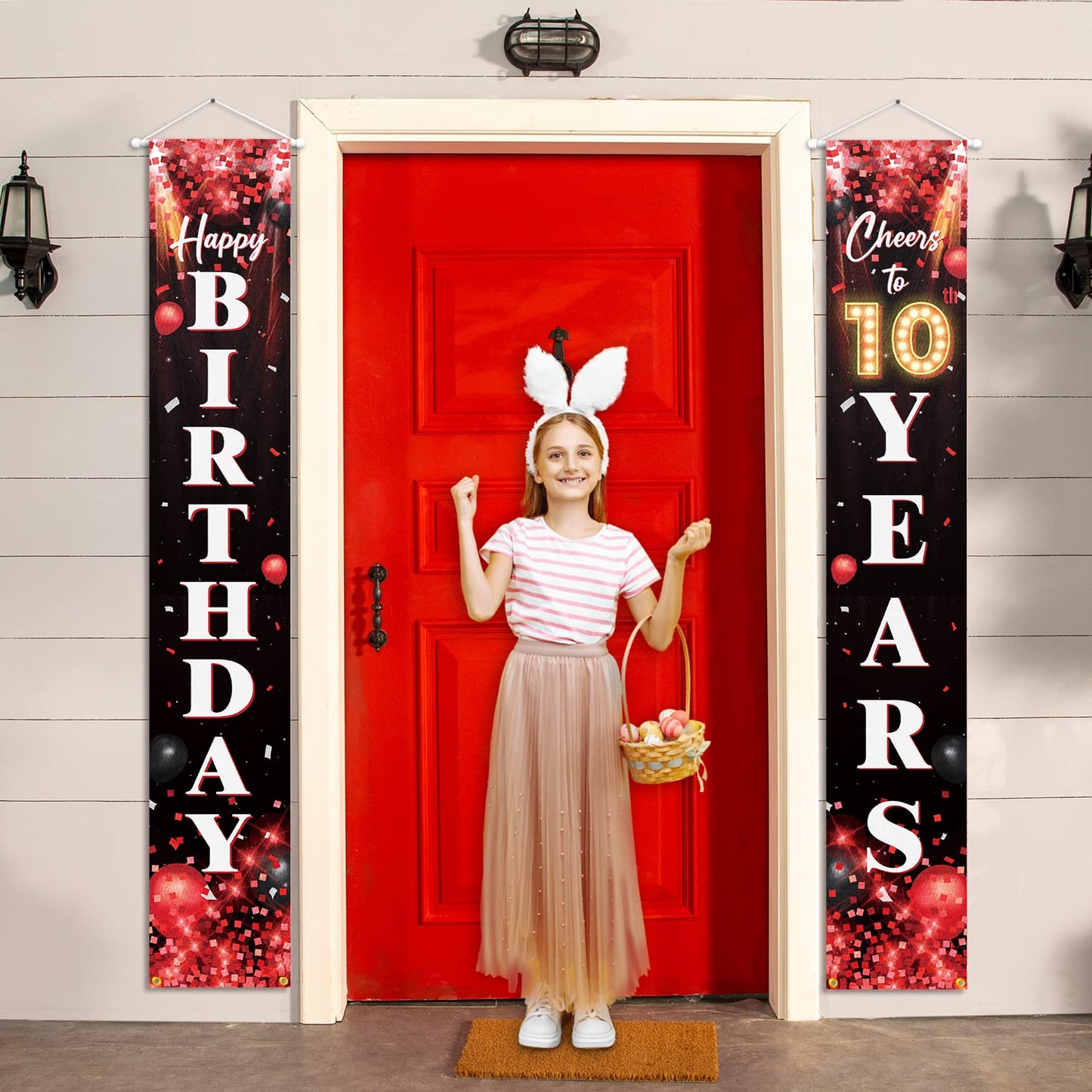 Happy 10Th Birthday Porch Sign Door Banner Decor Red And Black - Glitter Cheers To 10 Years Old Birthday Party Theme Decorations