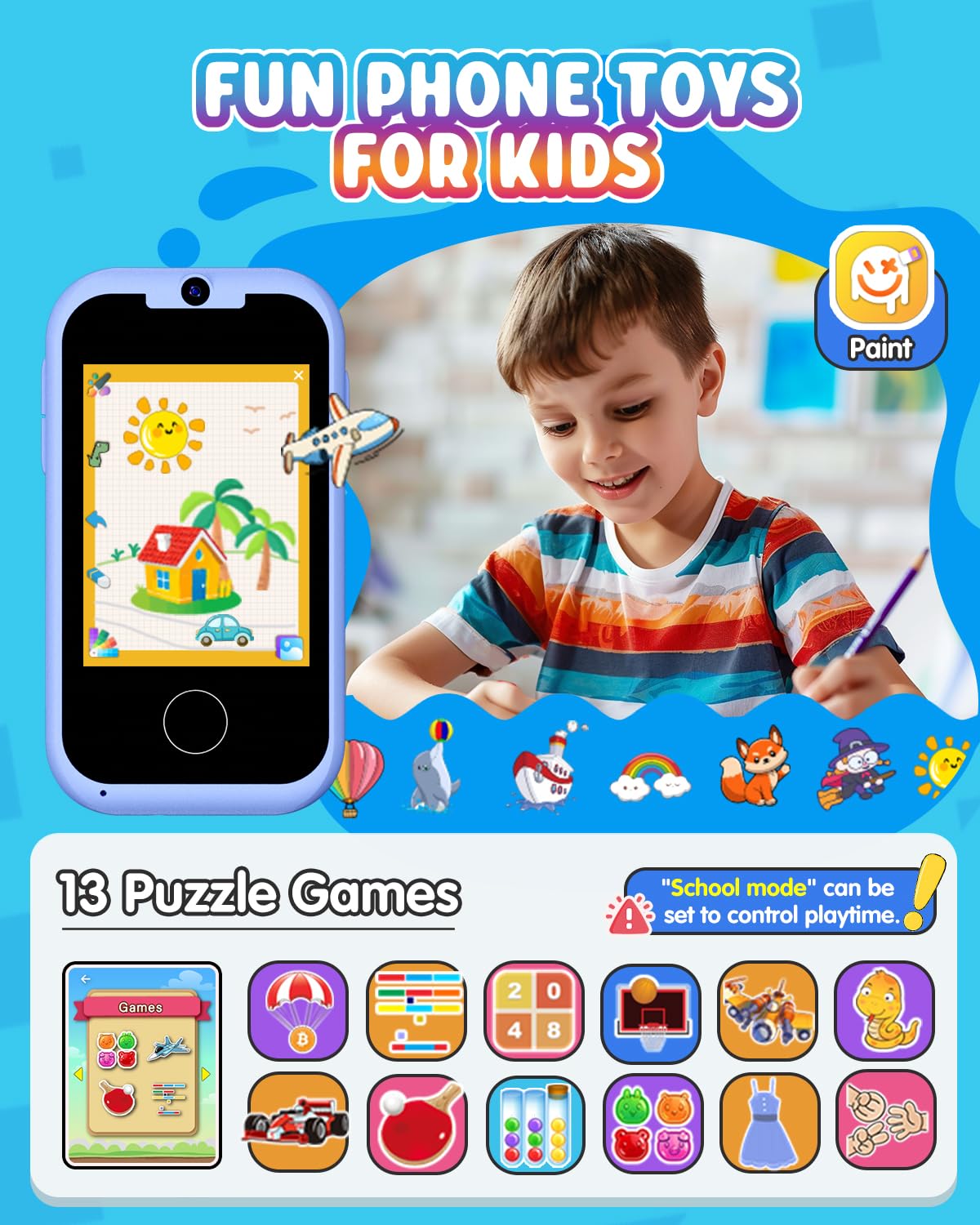 Eltrynic Kids Smart Toy Phone Girls Toy, Toddler Touchscreen Game Phone For 3 4 5 6 7 Year Old Girl Boy, Christmas Birthday Gifts For Children Age 3-7, Mp3 Music Player With Dual Camera (Blue)