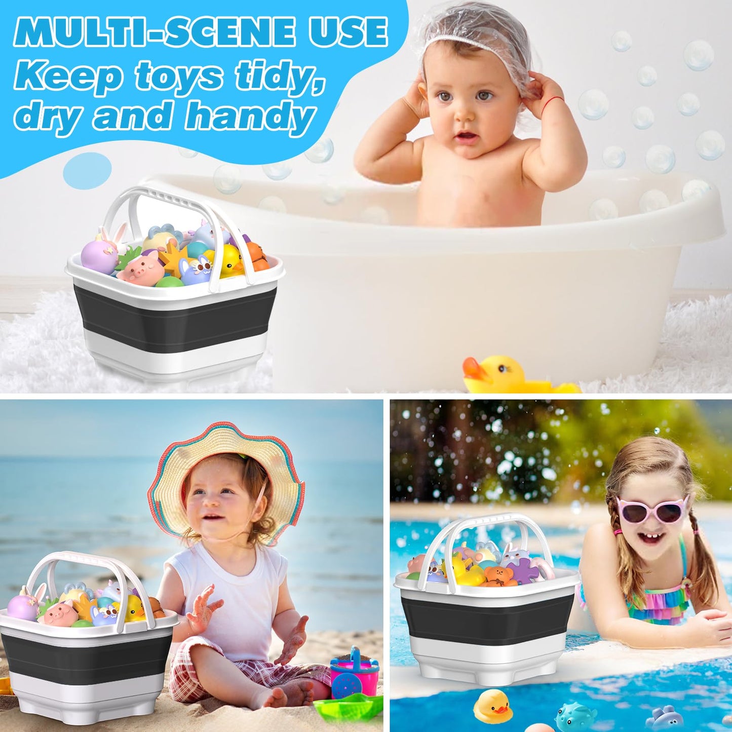 Anivia Foldable-Bath-Toy-Storage-Organizer, Bath Toy Holder With Removable Base, Quick-Drain-Drying Bathtub Toy Storage/Basket, Stand Up Bathroom Shower Toys Holder For Kids - Black