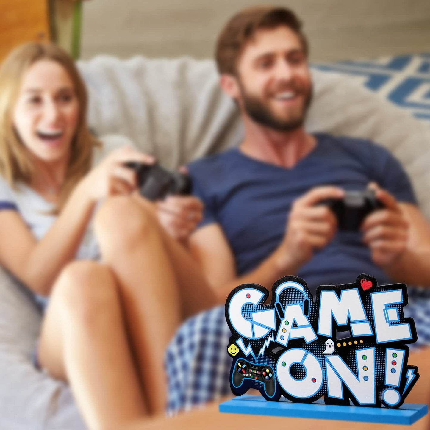 Frienda 3 Pcs Video Games Party Decorations Wood Table Level Up Birthday Decorations Gamer Party Centerpieces Pixelated Table Sign For Boys Kids Birthday Party(Blue)