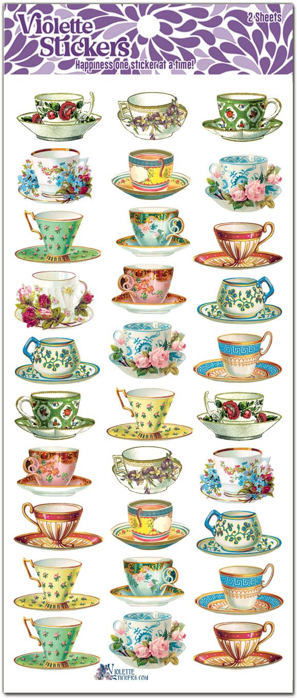 Violette stickers Mini Tea Cup Stickers for kids, Clear and Waterproof Tea party mini Stickers, Beautifully detailed miniature C