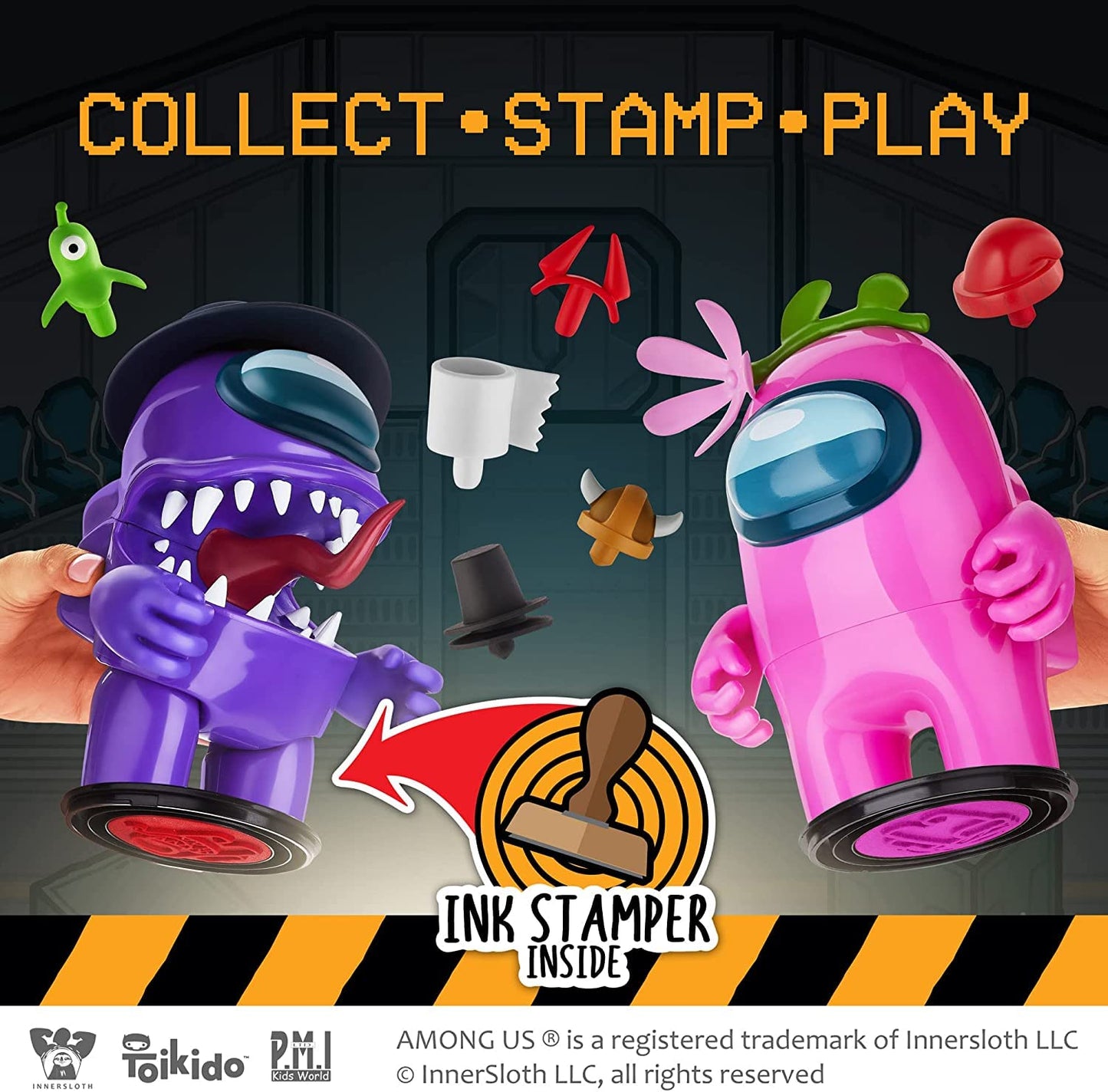 P.M.I. Among Us Crewmate Figures With Stampers (2) - 6.7-Inch Red & Yellow Toy Figures, 10 Hidden Accessories, Party Favors & Playable Collectibles