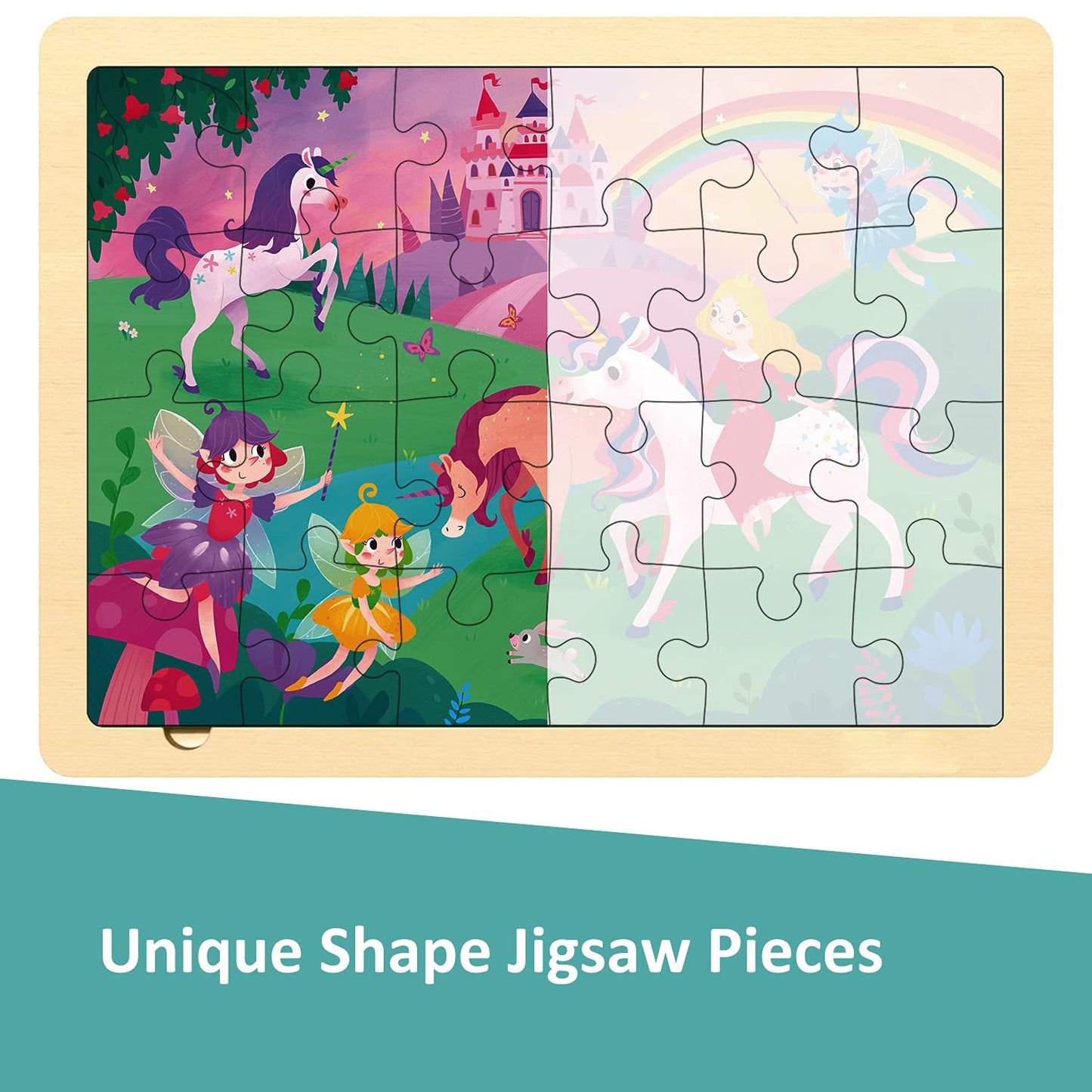 24 Piece Puzzles For Kids 3 Year Old, Unique Shape Jigsaw Pieces Fairy Princess, Wooden Jigsaw Puzzles For Toddlers, Preschool Puzzles For 3 4 5 Year Old Girls With Wooden Puzzle Tray And Storage Bag