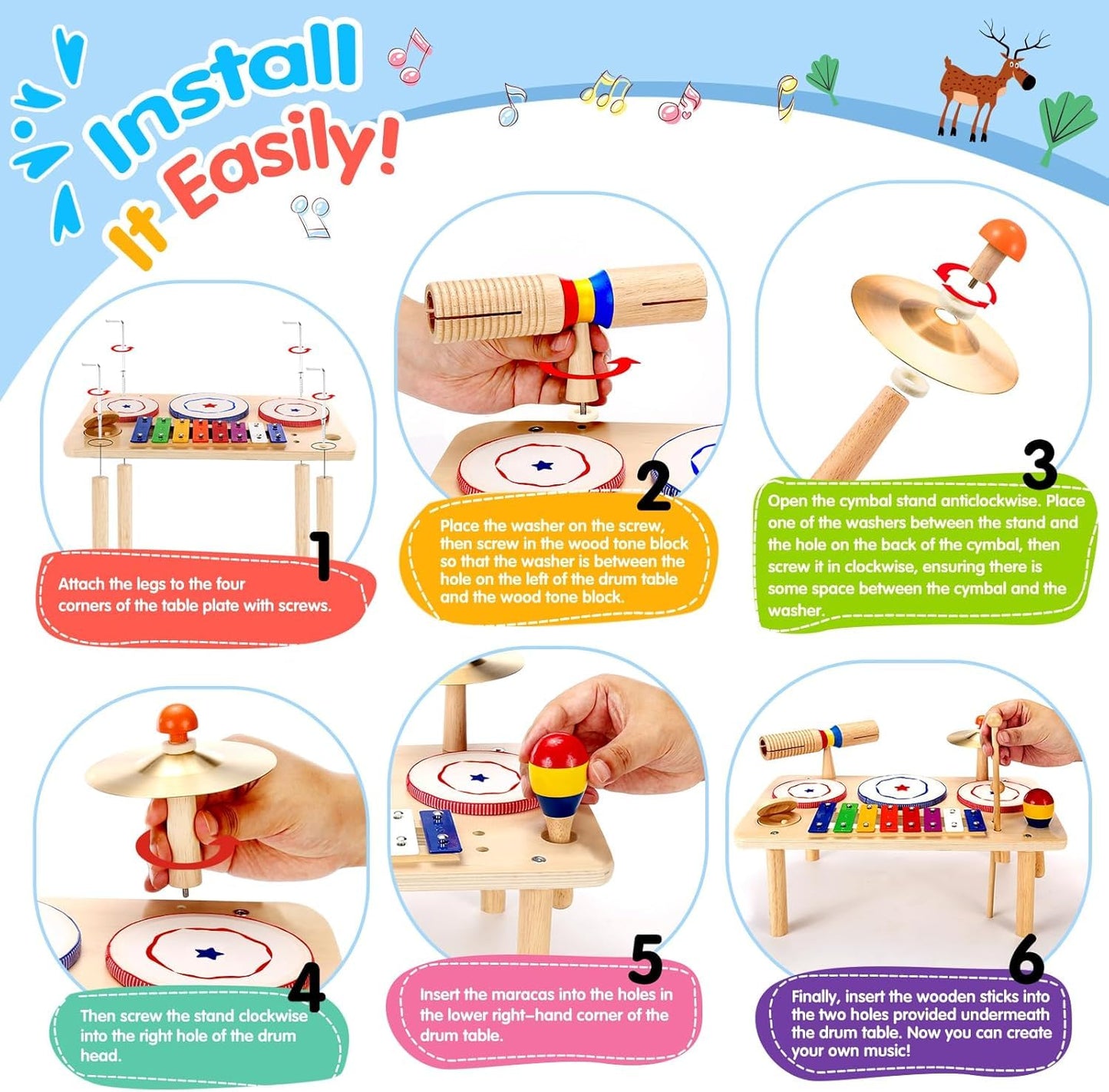WINGYZ Baby Drum Set – 9-in-1 Wooden Musical Instruments, Montessori Music Toys, 16'' L x 10'' W x 10'' H, Multicolor, Model Xyl