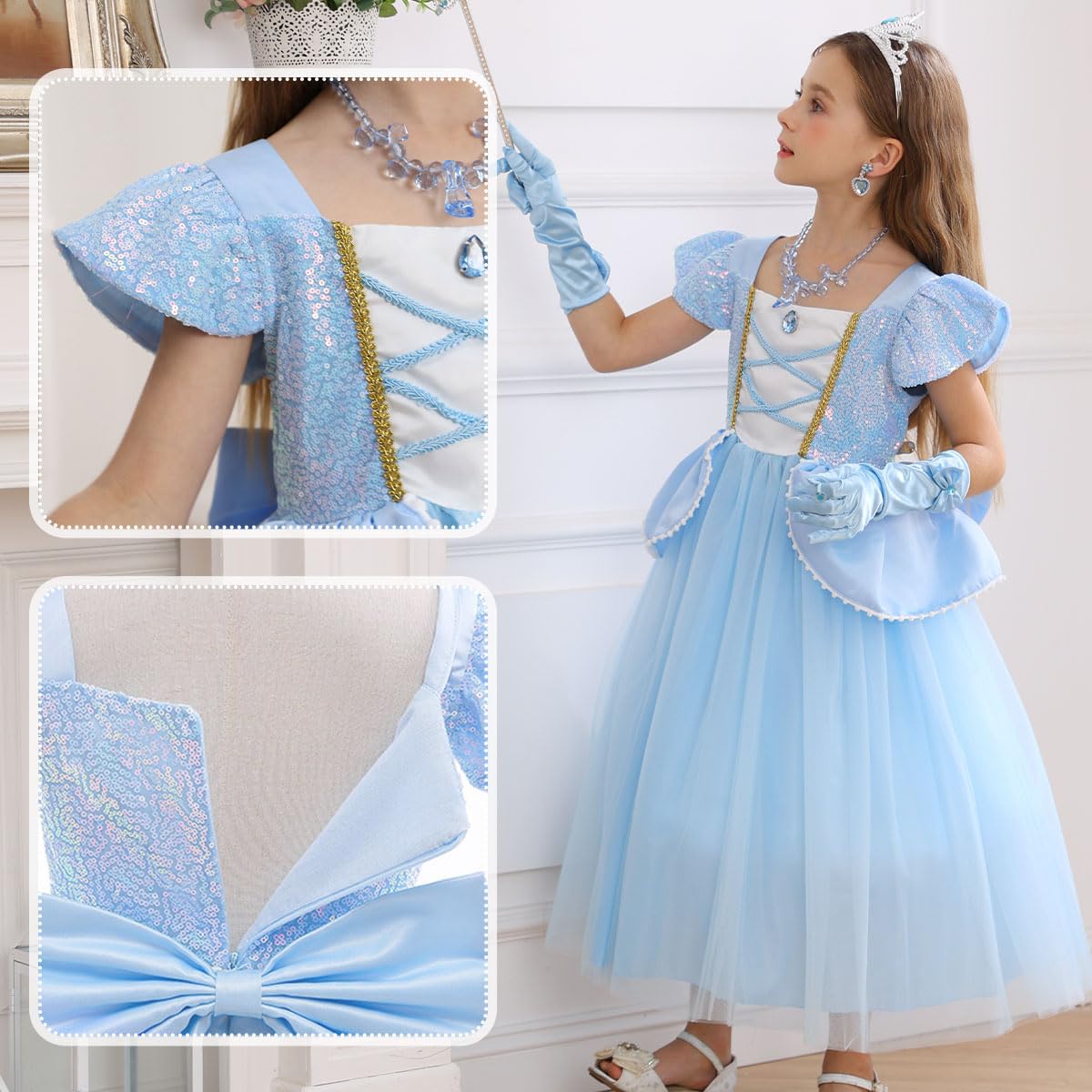Itvti Princess Cinderella Costume For Girls Kids Cosplay Dress Carnival Halloween Party Outfit, Blue, 4-5 Years