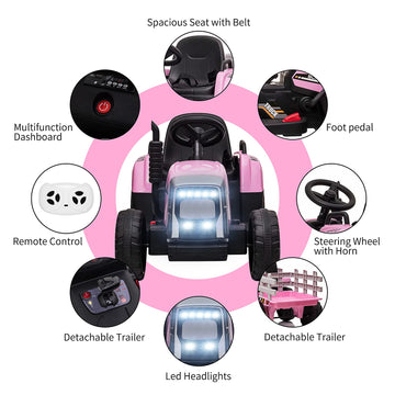 12V Kids Battery Powered Electric Tractor With Trailer, Toddler Ride On Car With Remote Control/ 7-Led Headlights/ 2+1 Gear Shift/Music Player/Usb Port For Kids 3-6 Years (Lightpink, 25W-Tread Tire)