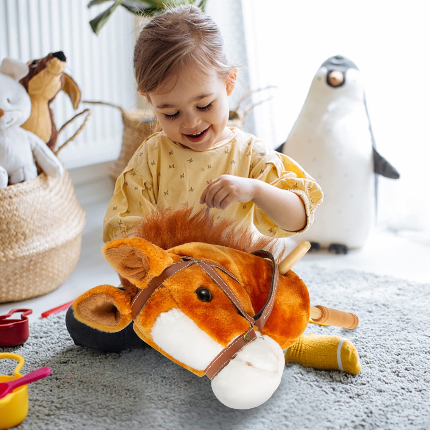 Punp 36'' Plush Horse Riding Stick, Handsewn Head, Sturdy Wood Stick, Plus Neighing & Clip-Clop Sounds