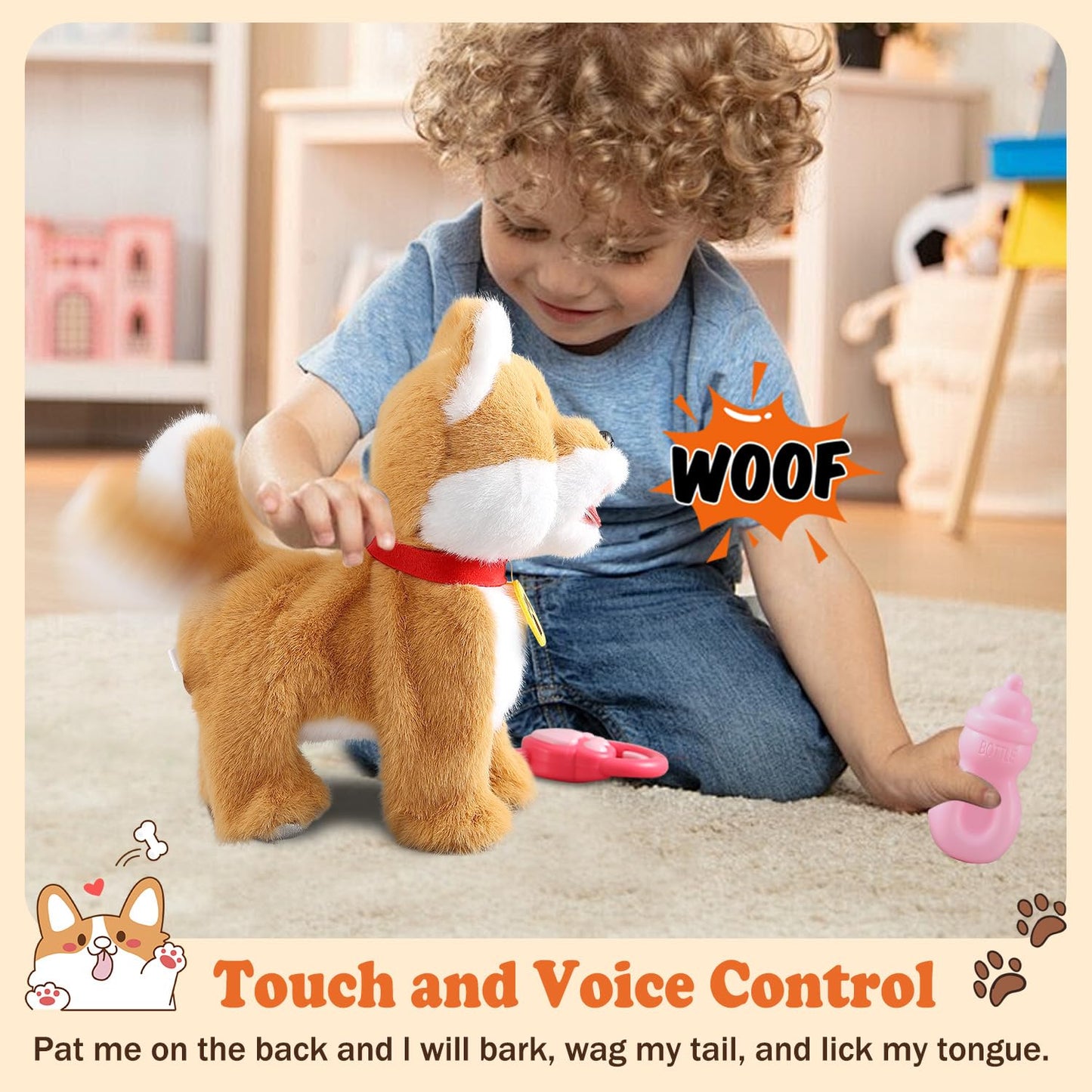 Hcdoujoy Walking Barking Singing Corgi Puppy Toy, Repeats What You Say, Realistic Licking Tongue Wagging Tail Mechanical Dog Wit
