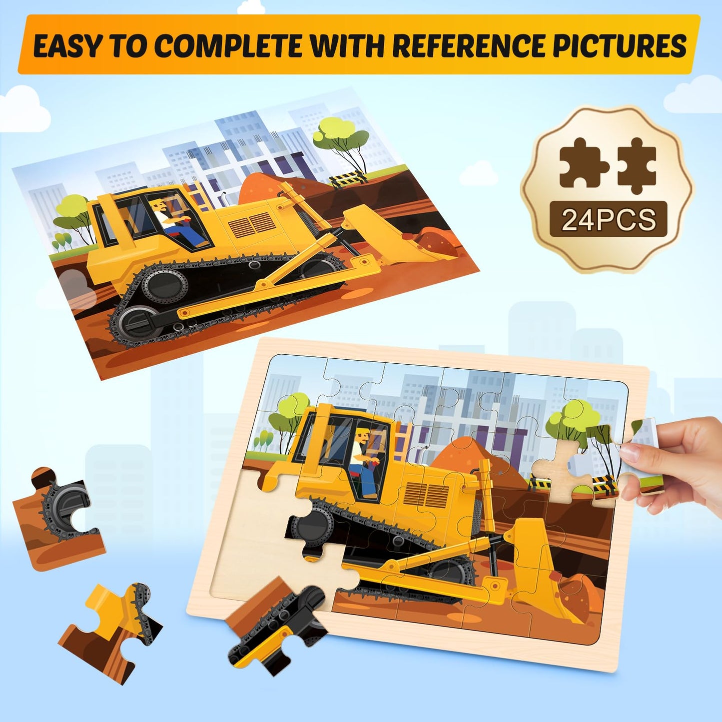 Wooden Puzzles For Kids Ages 4-6, 4 Packs 24 Pcs Construction Vehicle Jigsaw Puzzles For Kids Ages 3-5, Preschool Educational Pu