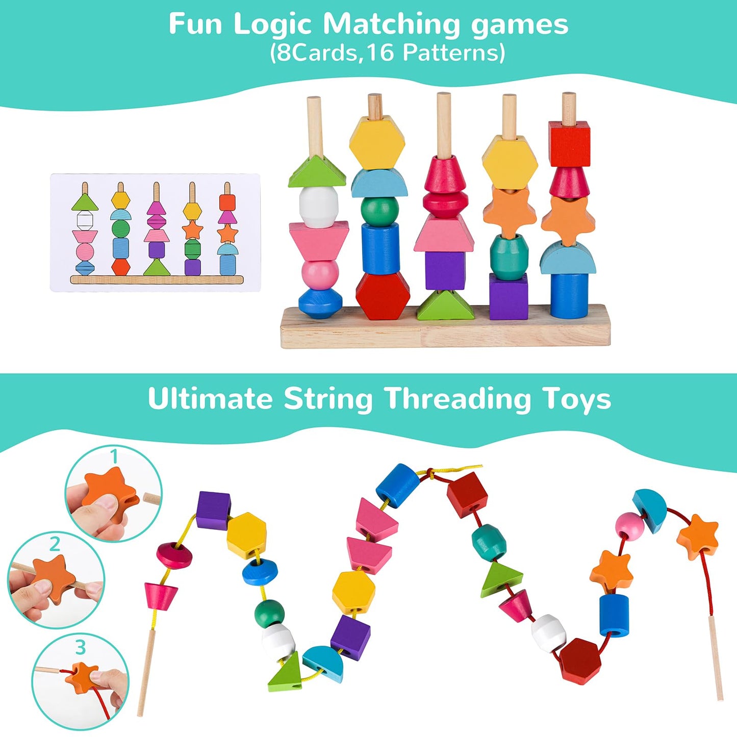 Montessori Bead Sequencing Toy Set, Wooden Stacking Blocks & Lacing Beads & Matching Shape Colors Stacker, Montessori Toys for 2