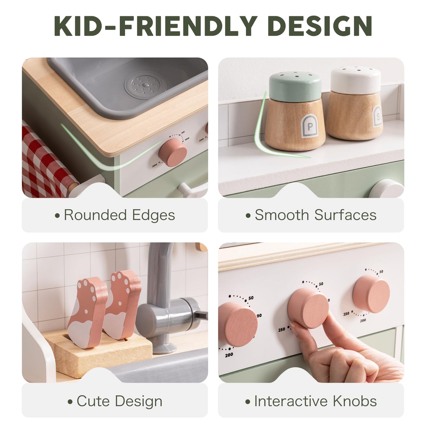 ROBOTIME Wooden Play Kitchen, Wood Kids Play Kitchen with Ice Maker and BBQ, Kids Play Kitchen Pretend Play Set with Lights & So