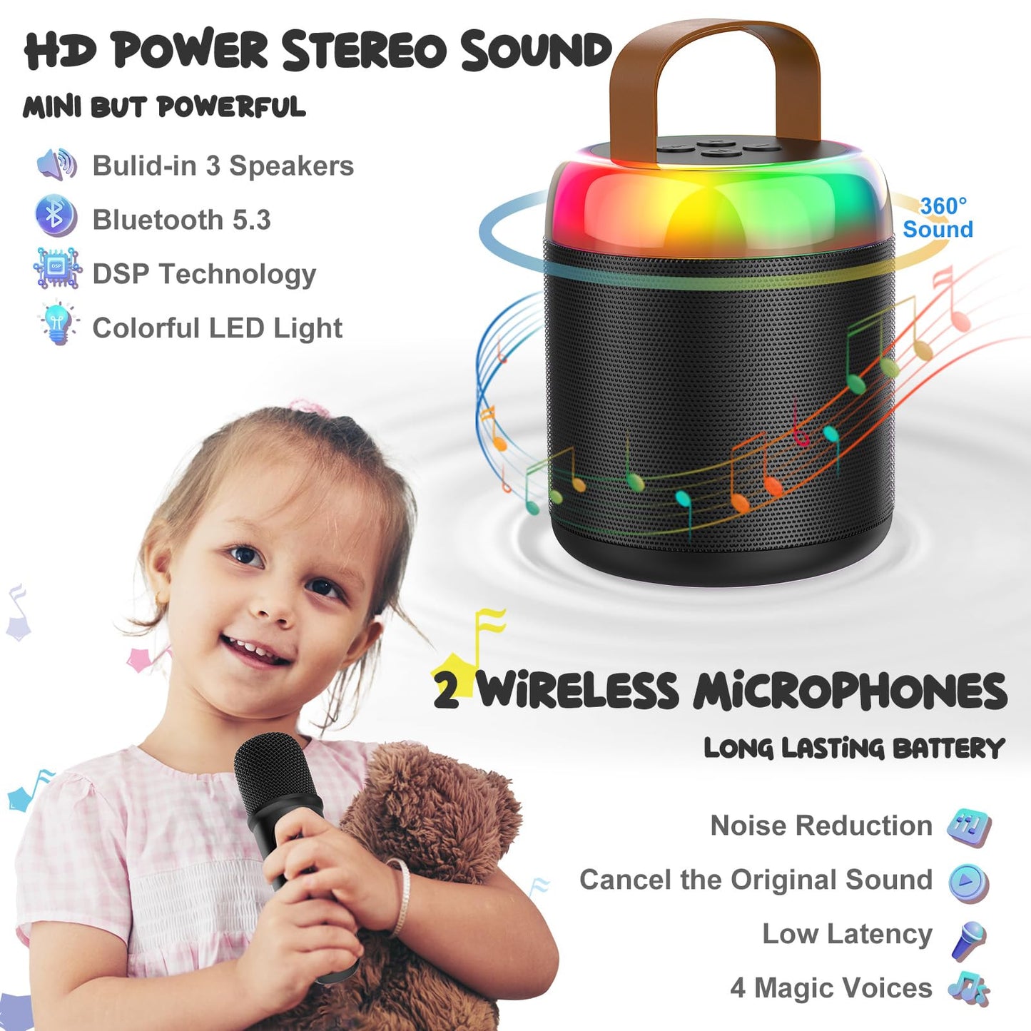 Iyoyo Mini Karaoke Machine For Kids Portable Bluetooth 5.3 Speaker Led Lights With 2 Wireless Microphones Karaoke Toy Gifts For Girls Boys Audlt Birthday Christmas Solid Metal Body (Black)