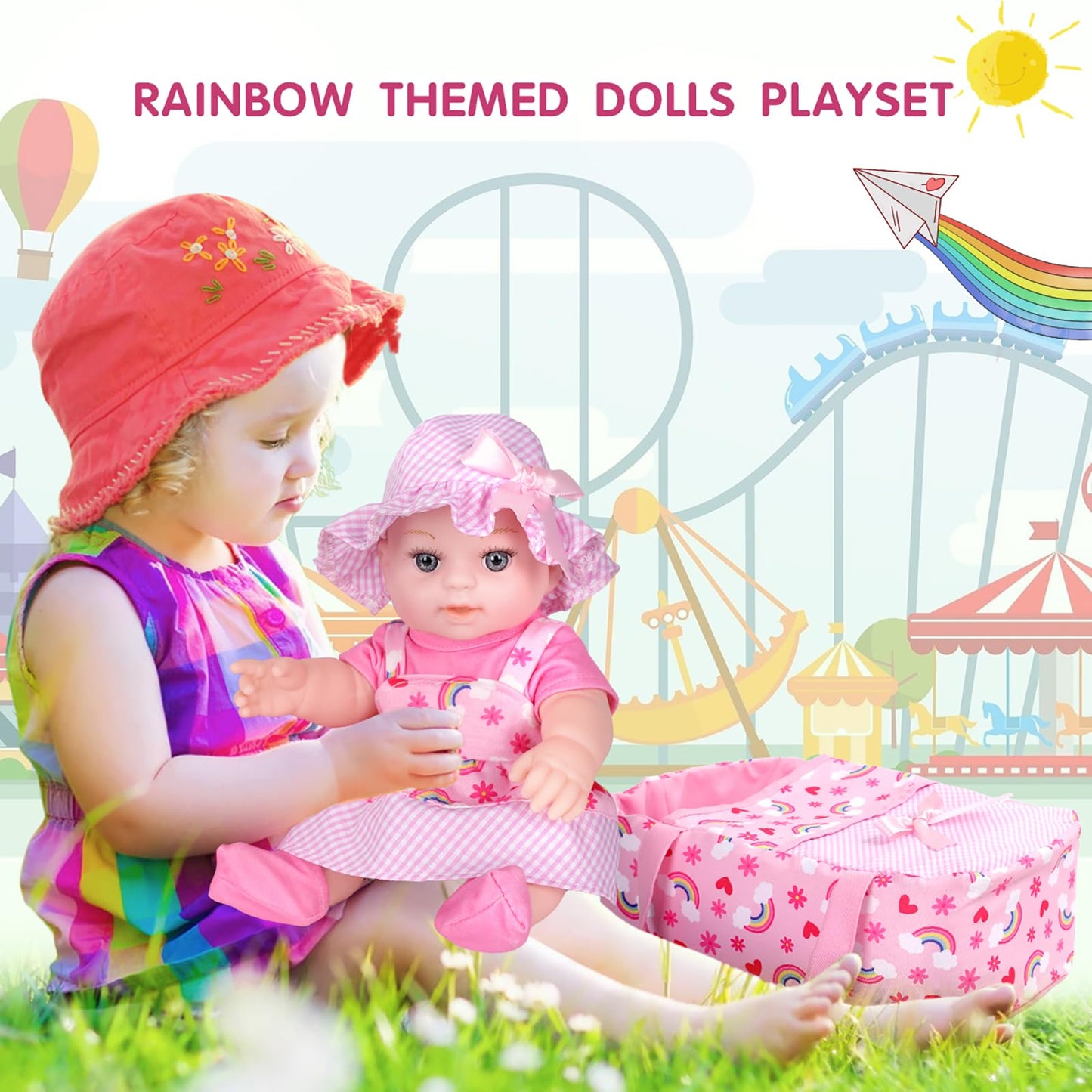 Zqdoll 12 Baby Dolls With Bassinet Bed, Rainbow Theme Reborn Cute Baby Doll Clothes And Accessories Set Include Pacifier Bottle