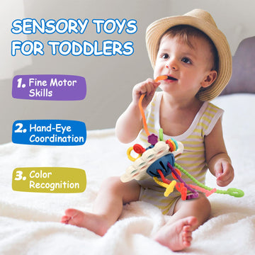 Hooku Montessori Toys for 1 Year Old - Sensory Food Grade Silicone Pull String Activity Toy - Fine Motor Travel Gifts for Toddlers