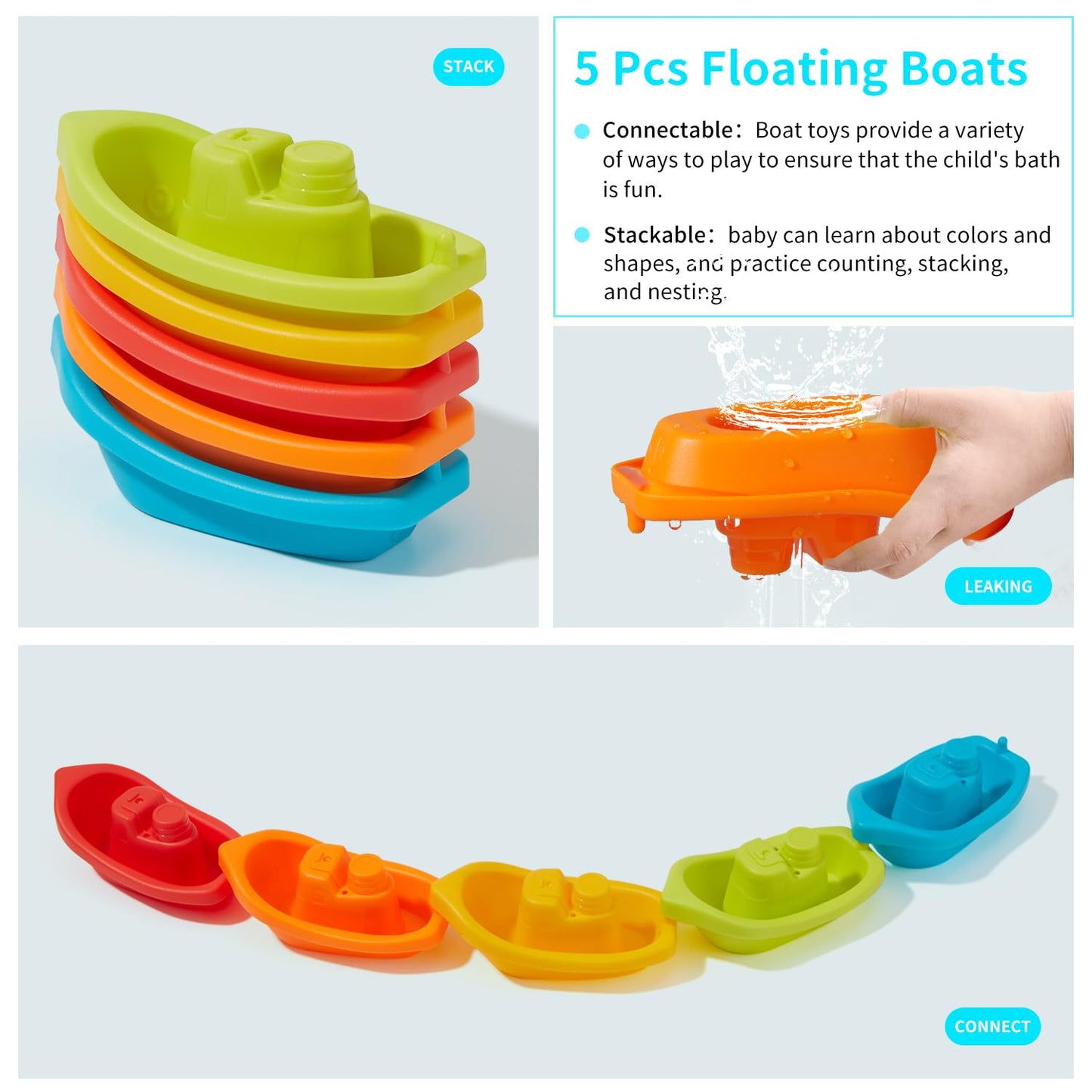 AMCHSURI Bath Toys for Kids Ages 1-3, 15 PCS Mold Free Toddler Bath Toys for 2-4 Bathtub Water Table Pool Toys with Stackable Bo