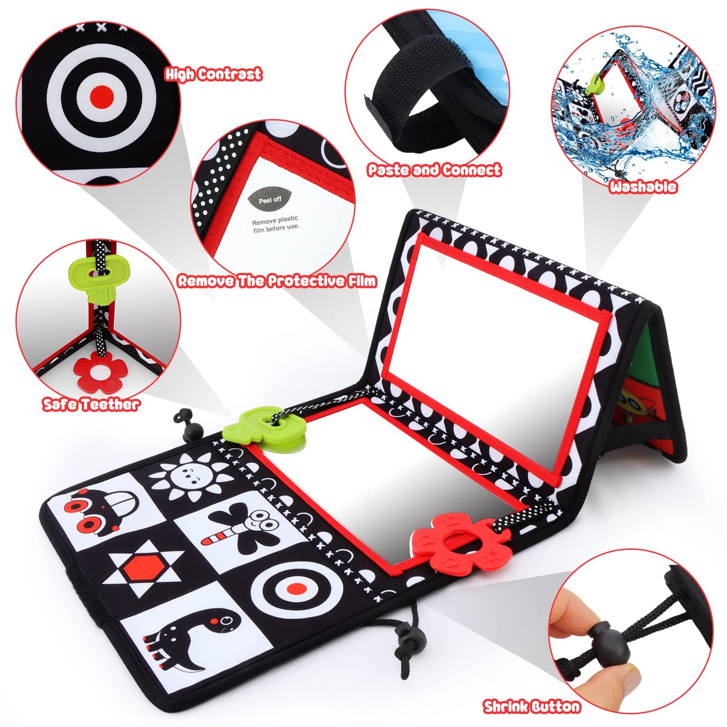 Tummy Time Floor Mirror With Teethers, Double-Sided Baby Mirror Black And White High Contrast Baby Toys For Babies, Baby Montessori Toys Crawling Developmental Newborn Infant Sensory Toys (A-Mirror)