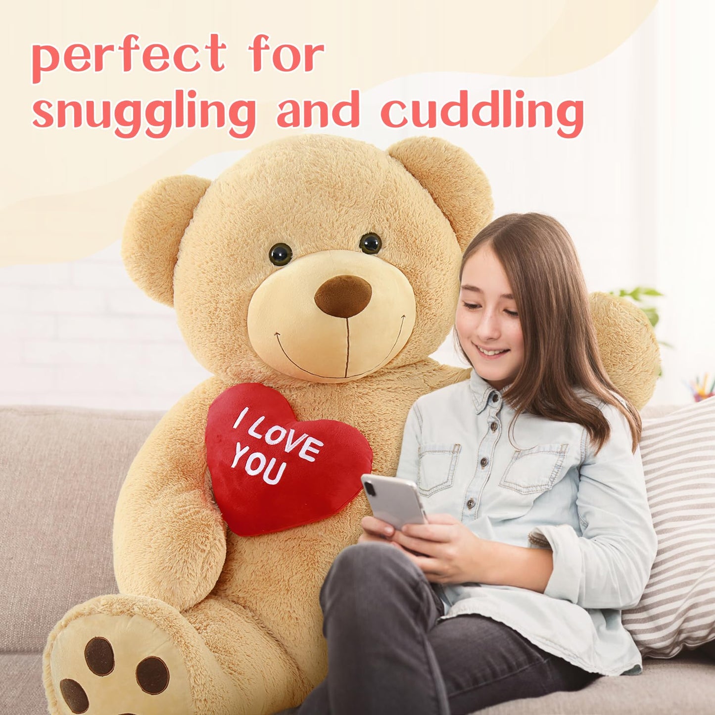 Tezituor 5Ft Giant Teddy Bear Stuffed Animals - I Love You Red Heart Human Size Teddy Bear For Girlfriend,Boyfriend,Wife,Lover