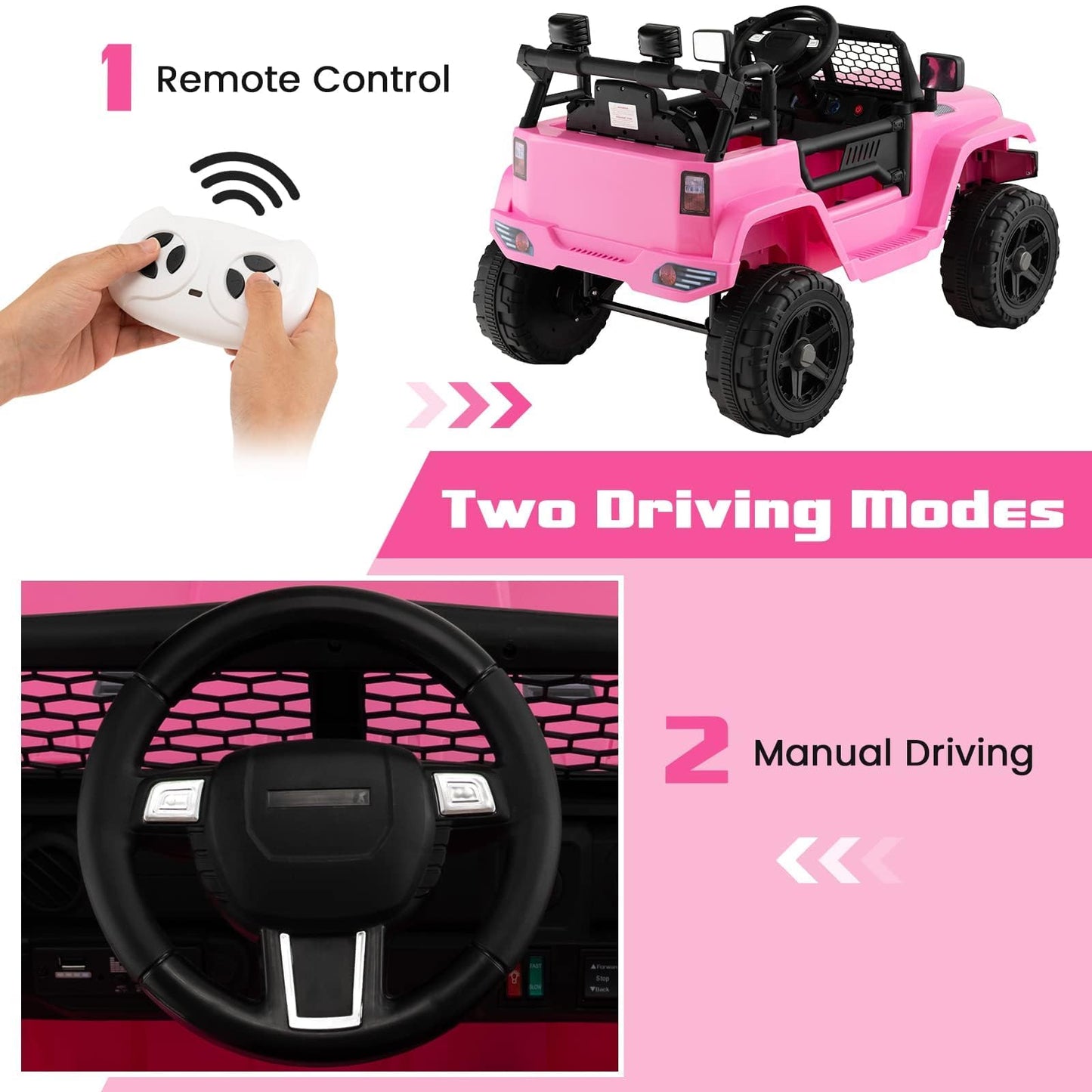 OLAKIDS Kids Ride On Truck 12V Electric Vehicle Jeep Car with Remote Control Toddlers Battery Powered Toy with 2 Speeds Spring Suspension Double Open Doors LED Lights Music TF USB Mp3 (Pink)