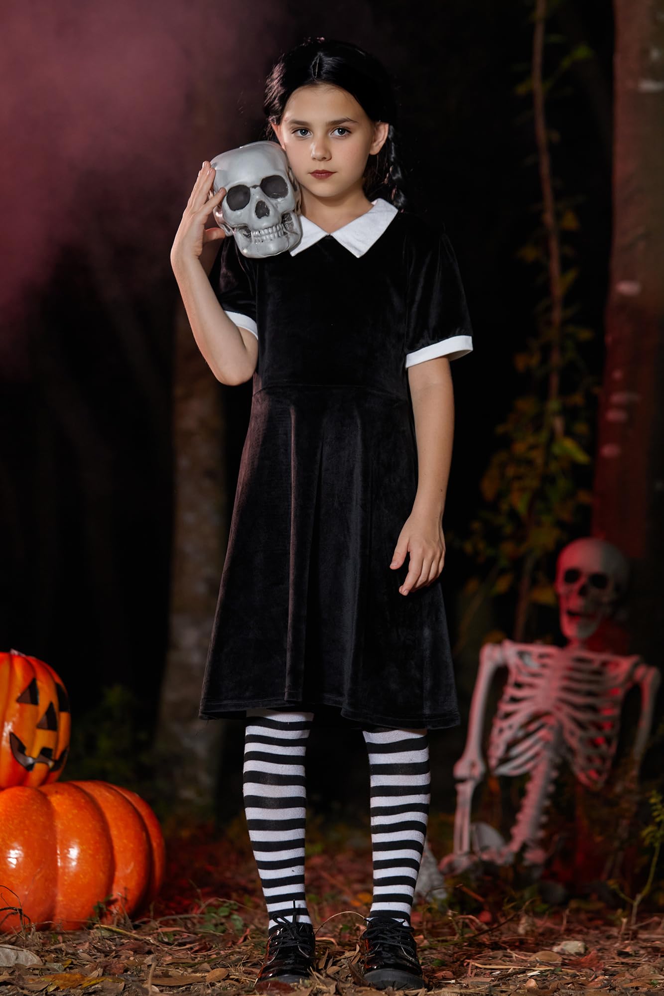 Girls Halloween Velvet Short Sleeve Peter Pan Collar A-Line Black Party Dresses 11-12 Years