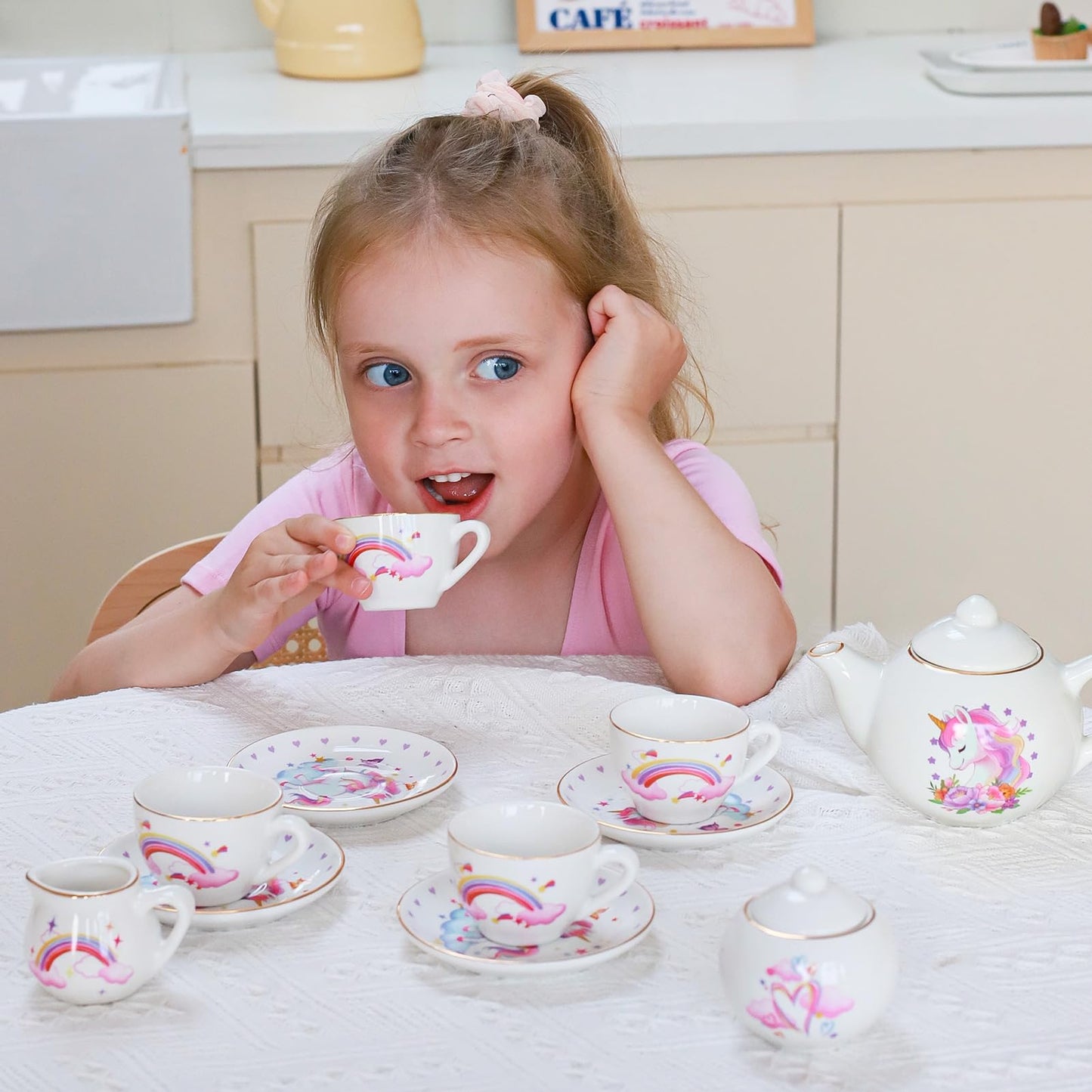 Tacobear Porcelain Tea Set for Girls Toys Unicorn Gift, 13pcs Tea Party Set with Teapot & Cup & Saucer & Suitcase, Kid Kitchen P
