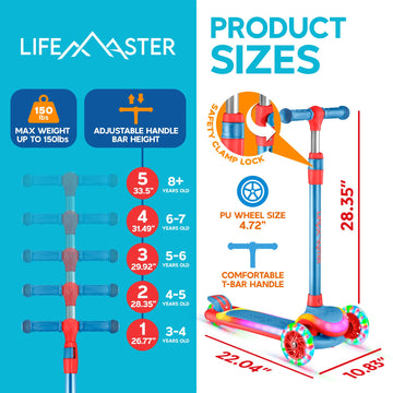 Lifemaster 3-Wheel Kids Scooter With Multi-Color Lights On Deck & Wheels - 5-Height Handlebar, Wide Anti-Slip Deck, Child Safety