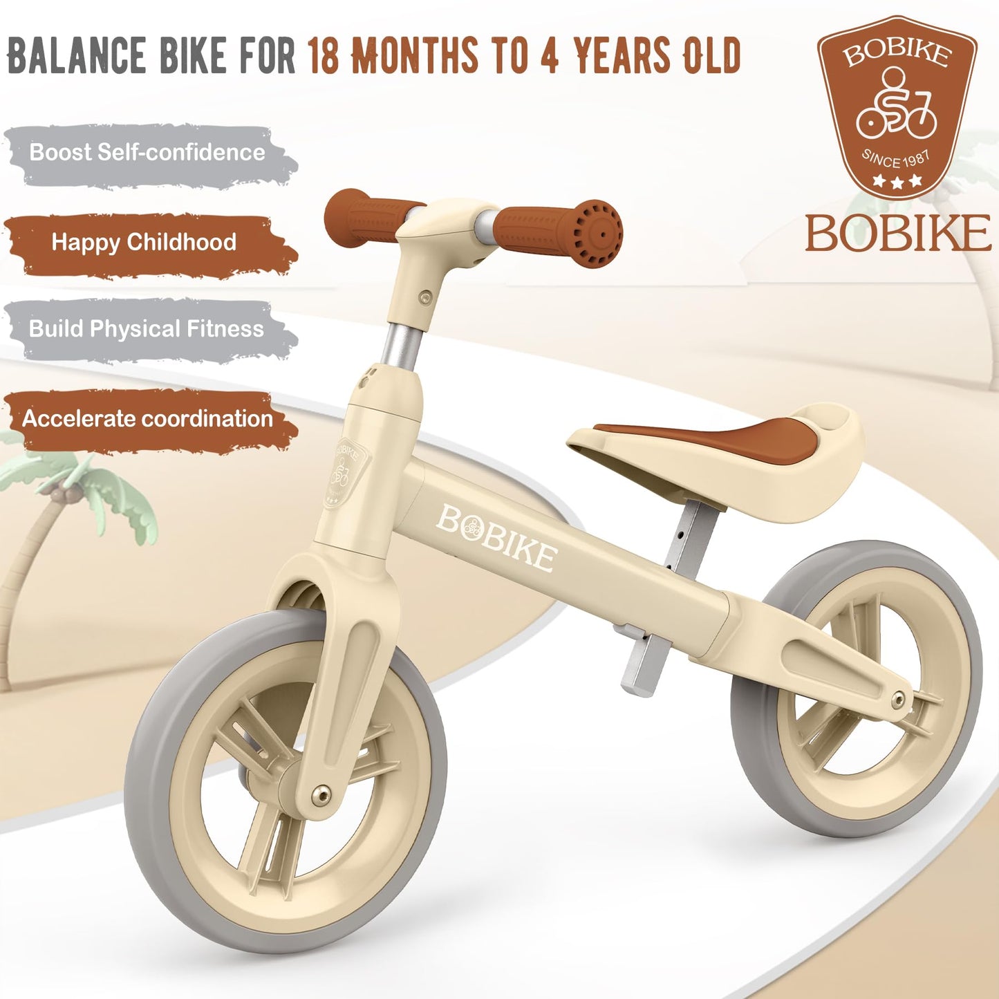 Bobike Toddler Balance Bike Toys For 1 To 6 Year Old Girls Boys Adjustable Seat And Handlebar No-Pedal Training Bike Best Gifts For Kids (Beige)