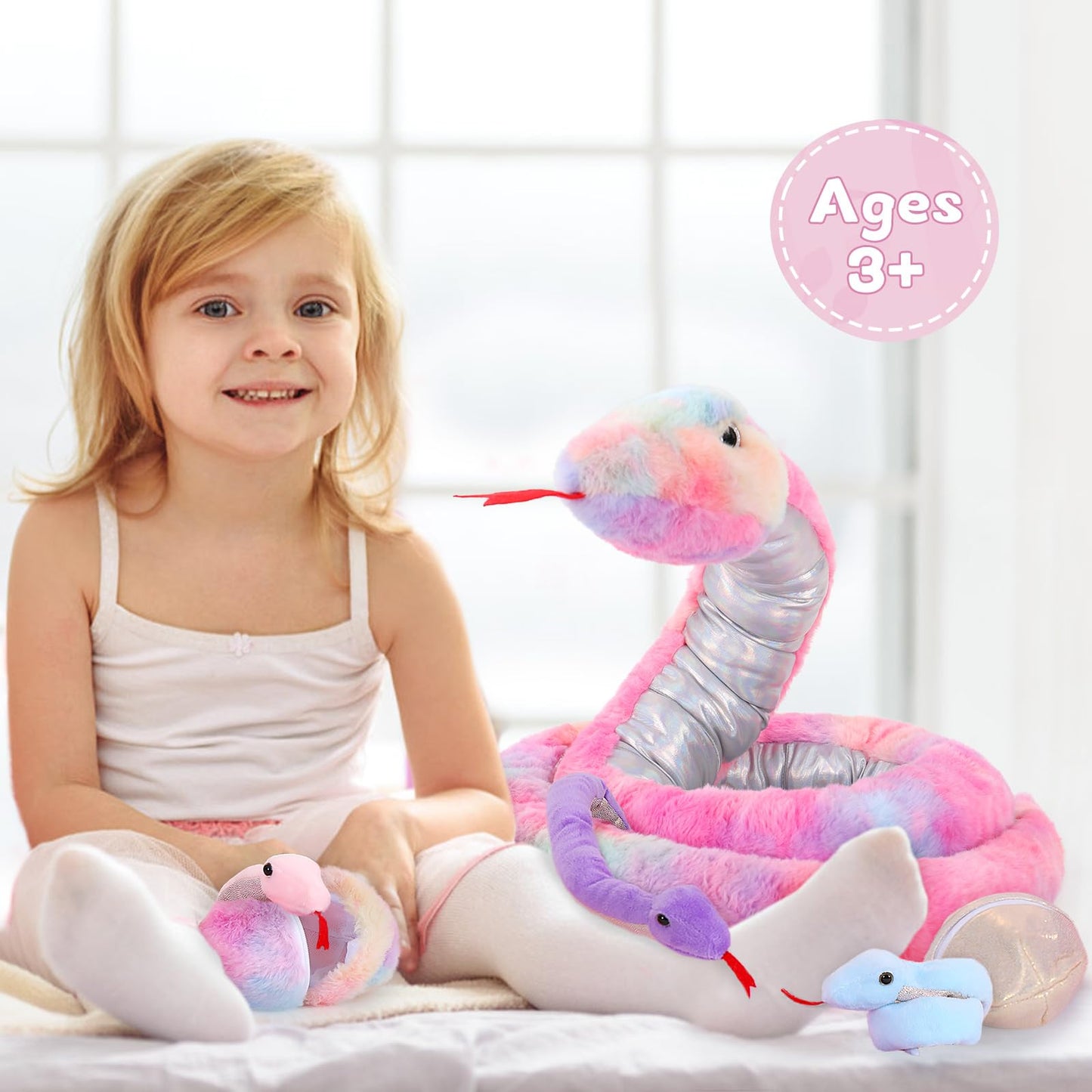 Maogolan Giant Snake Stuffed Animal, Realistic Large Mommy With 3 Babies & 3 Eggs Snakes Plush Toy, 79'' Long Rainbow Boa Constrictor Gift For Boys Girls Kids
