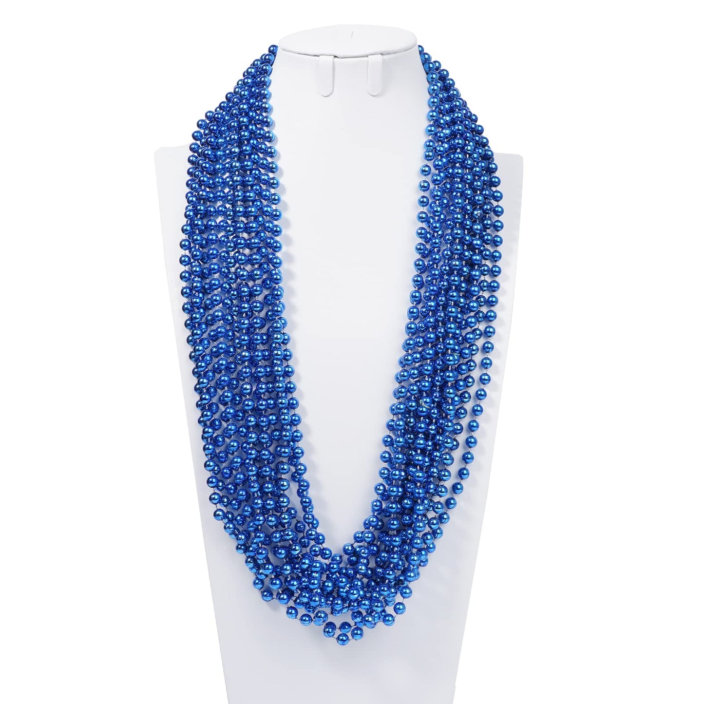 YAXINRUI 33 Inch 7 mm Metallic Blue Bead Necklaces, 15pcs Mardi Gras Beads Bulk Round Beaded Necklaces Costume Necklace for Mard