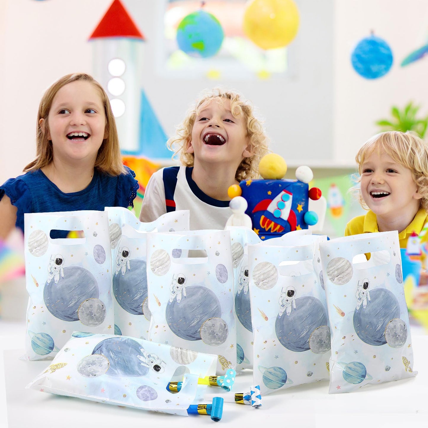 Blosssound 100 Pcs First Trip Around The Sun Space Party Treat Bags Plastic Outer Space Theme Gift Bags with Handles Solar Syste