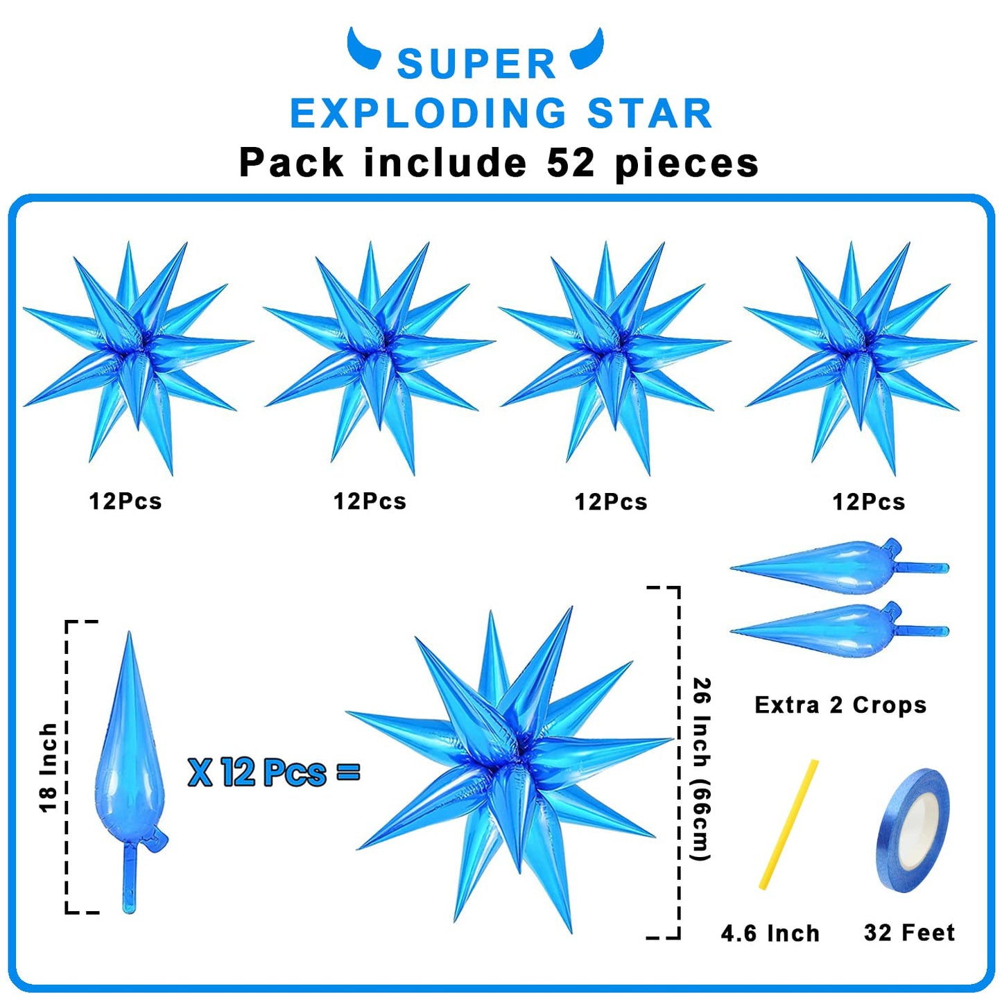 Funtoob Blue Star Balloons Metallic Star Foil Balloons Birthday Balloons Blue Star Cone Balloons Starburst Balloon Spike Balloon