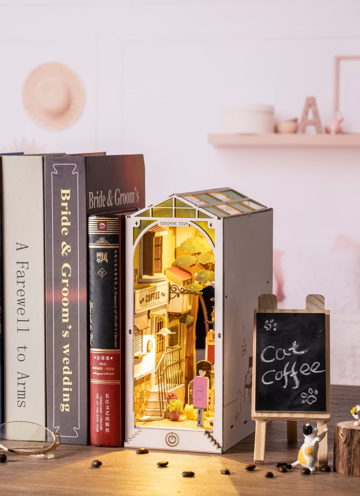 Robotime Diy Book Nook Kit Bookend Stand Bookshelf Insert Bookcase Miniature House With Sensor Light 3D Wooden Puzzle Model Buil