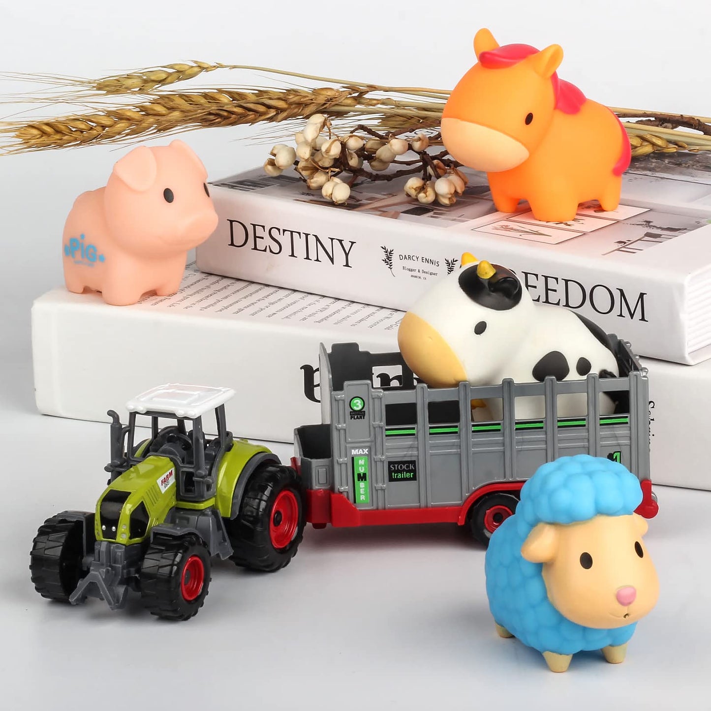 Oriate Farm Tractor Carrier With Cartoon Farm Animals And Playmat, 6 Pack Bath Squirter Silicone Rubber Farm Animal Toys, 47.2” X 31.5” Happy Farm Play Mat, Birthday Gifts For Toddler Baby
